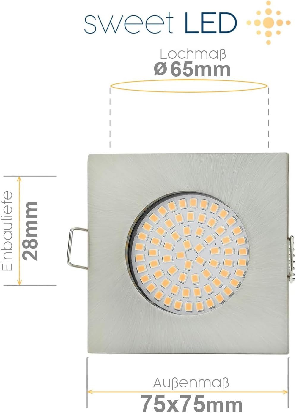 Sweet LED LED Einbaustrahler 3,5W 230V Deckenspots Flach Eckig 6er Set 3000K Warmweiß Chrom IP20, warmweiß, 3000K, Deckenspots, 75x75 mm, Einbauleuchten