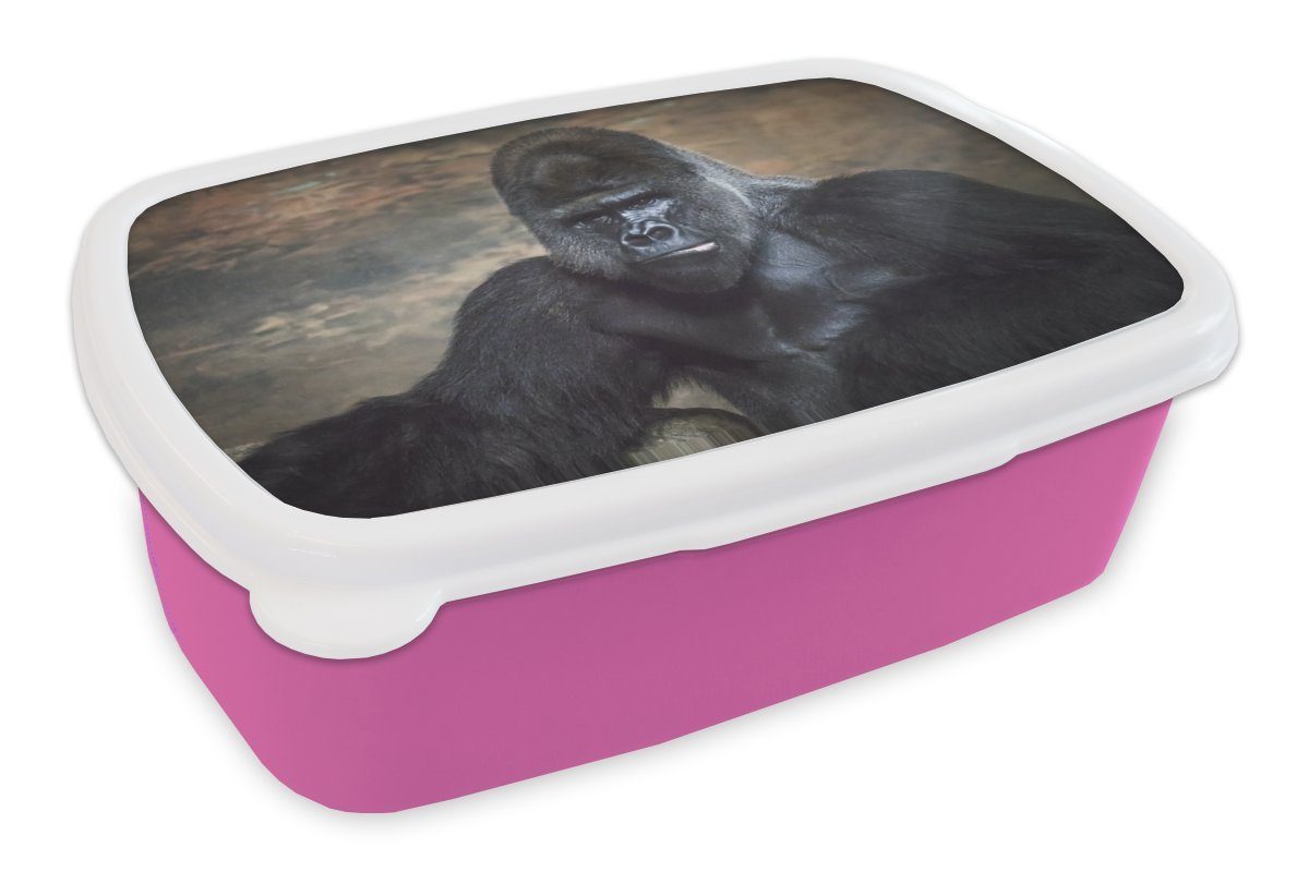 MuchoWow Lunchbox Porträtbild eines schwarzen Gorillas, Kunststoff, (2-tlg), Brotbox für Erwachsene, Brotdose Kinder, Snackbox, Mädchen, Kunststoff rosa