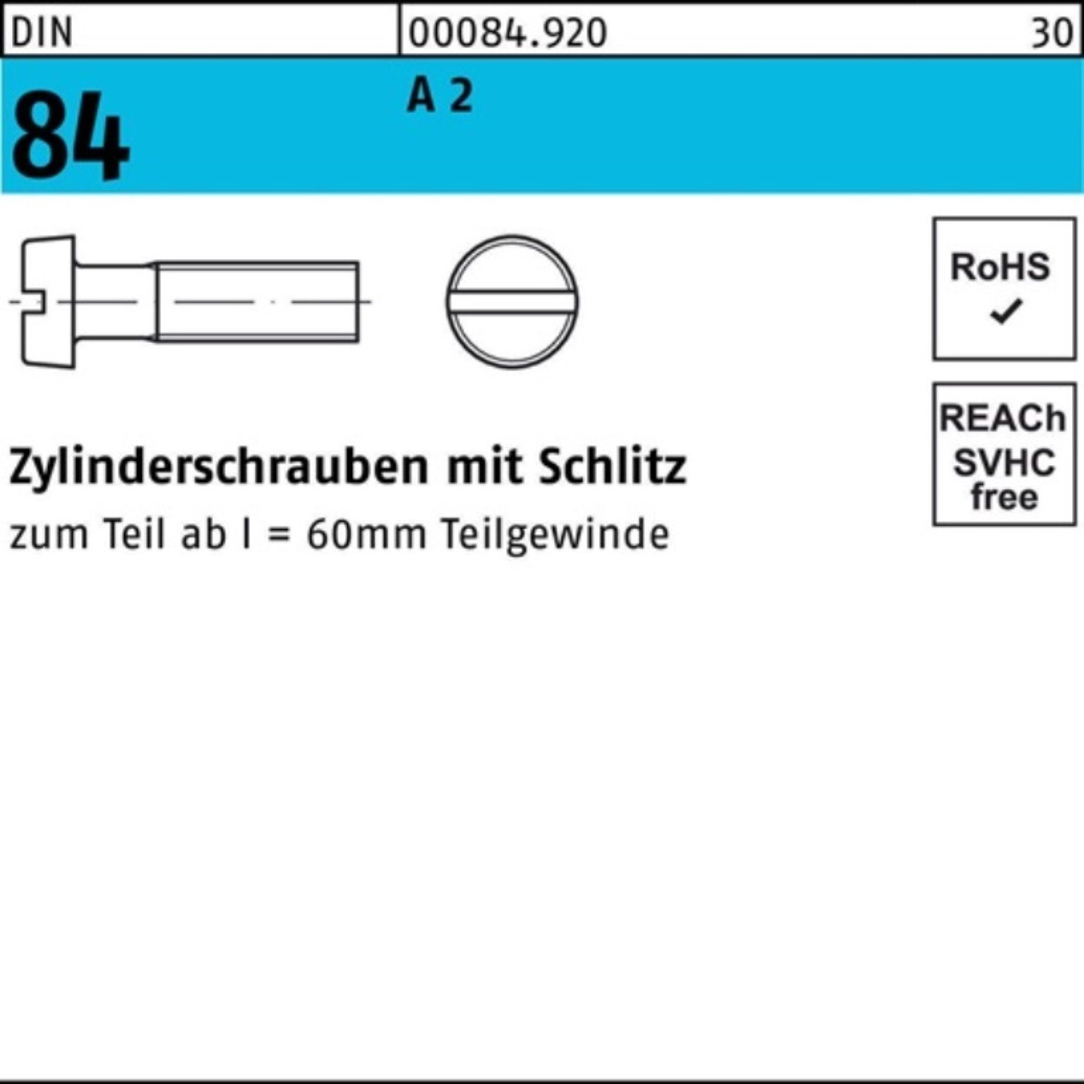 Reyher Zylinderschraube 100er Pack M10x Schlitz 2 DIN St A Zylinderschraube 70 1207 84/ISO 25