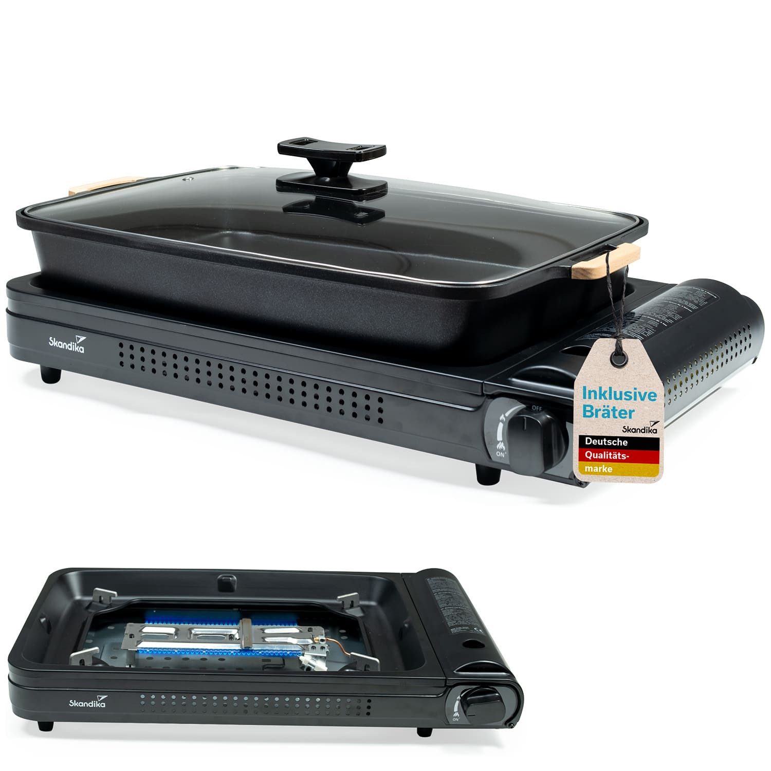 Skandika Gaskocher Brann XL 1-flammig Set, Kochfeld, Gasbrenner, Piezo-Anzünder, (Aluminium Campingkocher Set mit Bratpfanne & Deckel, Aluminium Campingkocher Set mit Bratpfanne & Deckel), robuster Campingkocher für Gaskartuschen MSF-1A 227 g