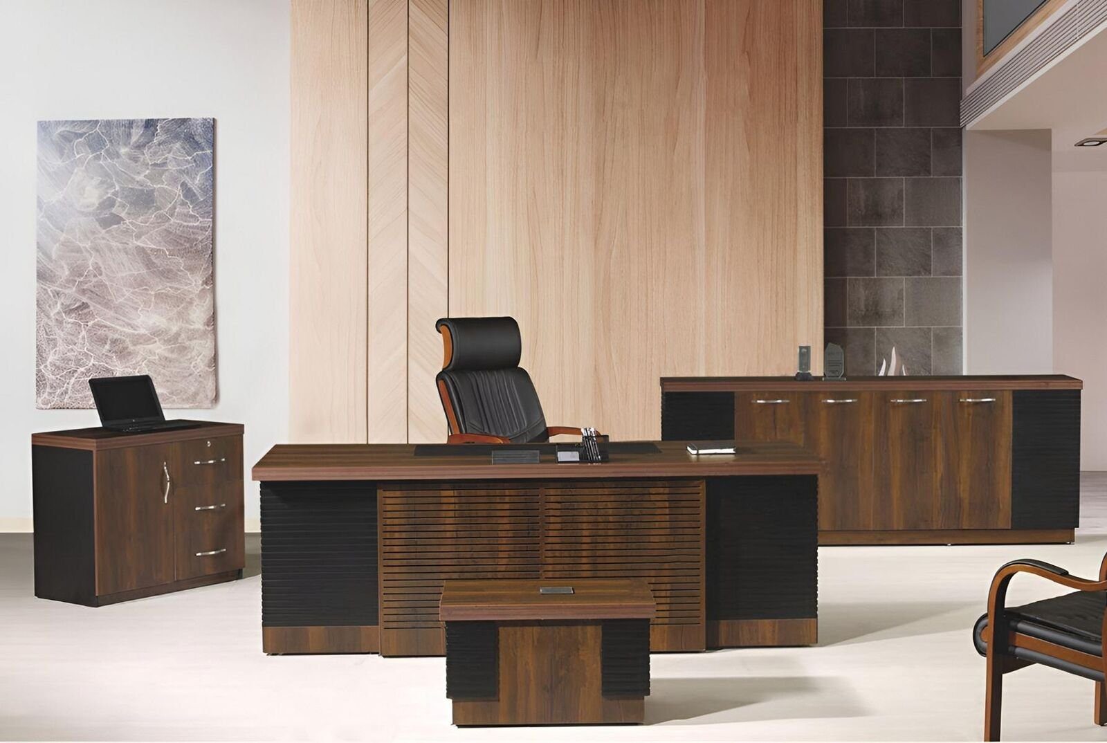 Büromöbel Couchtisch Komplettbüro Büro Schreibtisch Holz Schrank Braun Set 4tlg JVmoebel Bürotisch 1x Arbeitstisch Europa (4-St., in ohne 1x + Kommode Bürotisch + Sessel), + 1x Made 1x