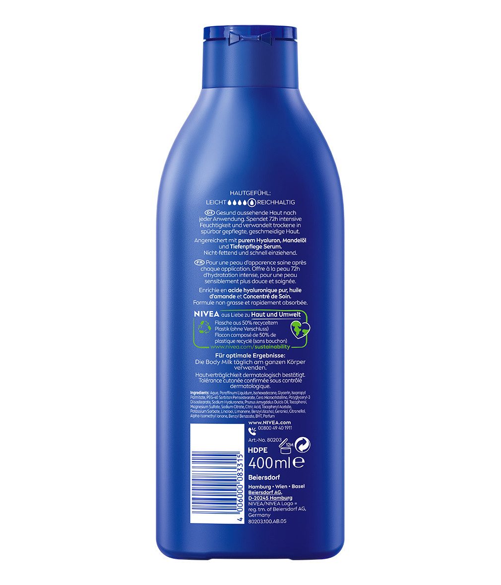 Nivea Bodylotion Reichhaltig 3 x 400ml Hyaluron, Mandelöl Tiefenpflege Serum Packung, Hyaluron, Mandelöl, Tiefenpflege Serum