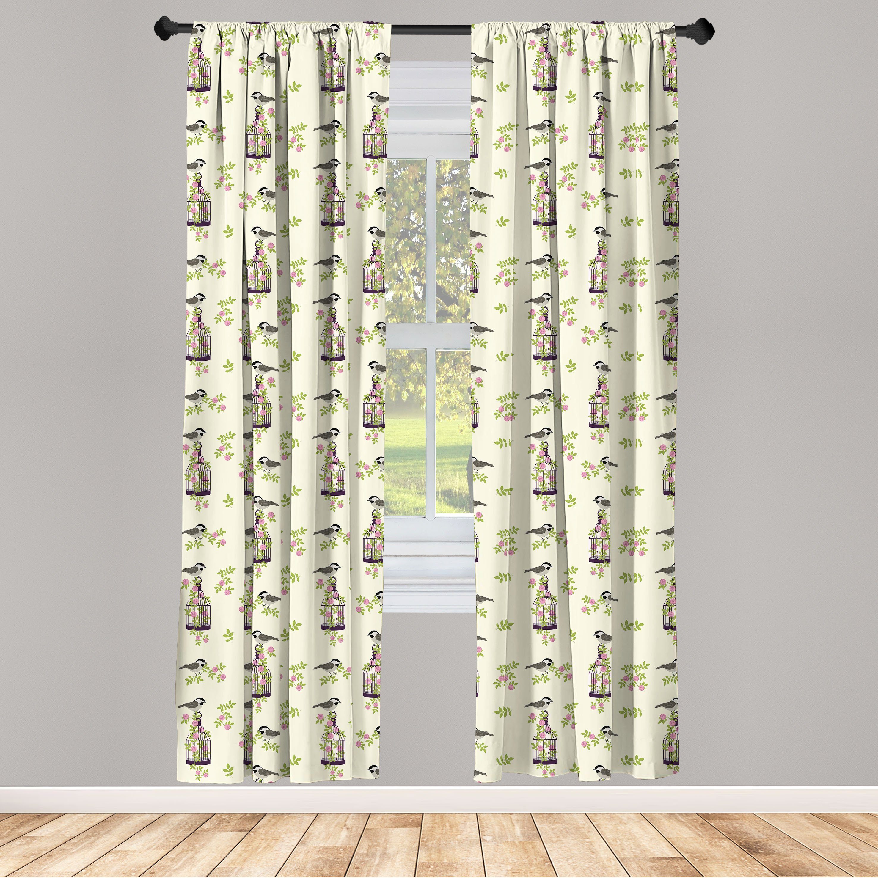 Gardine Vorhang für Wohnzimmer Schlafzimmer Dekor, Abakuhaus, Microfaser, Blumen Vögel Käfige und Rosen-Blätter