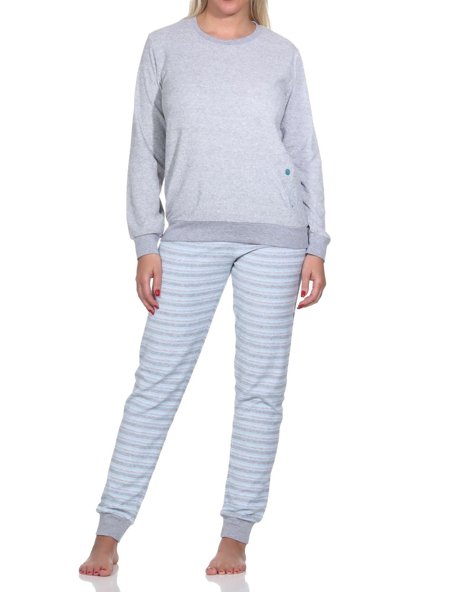 Pyjama Damen Frottee Schlafanzug lang mit Bündchen und floraler Applikation