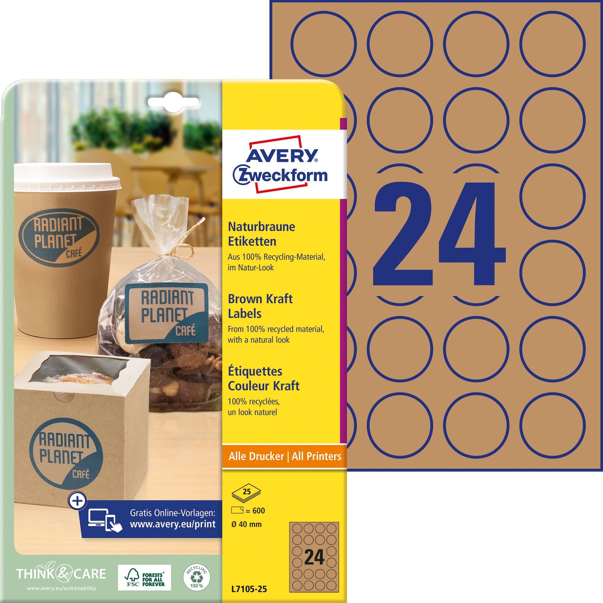 Avery Zweckform Etiketten Etiketten A4 40mm 25 Bogen/600 Etiketten naturbraun (30 Stück)