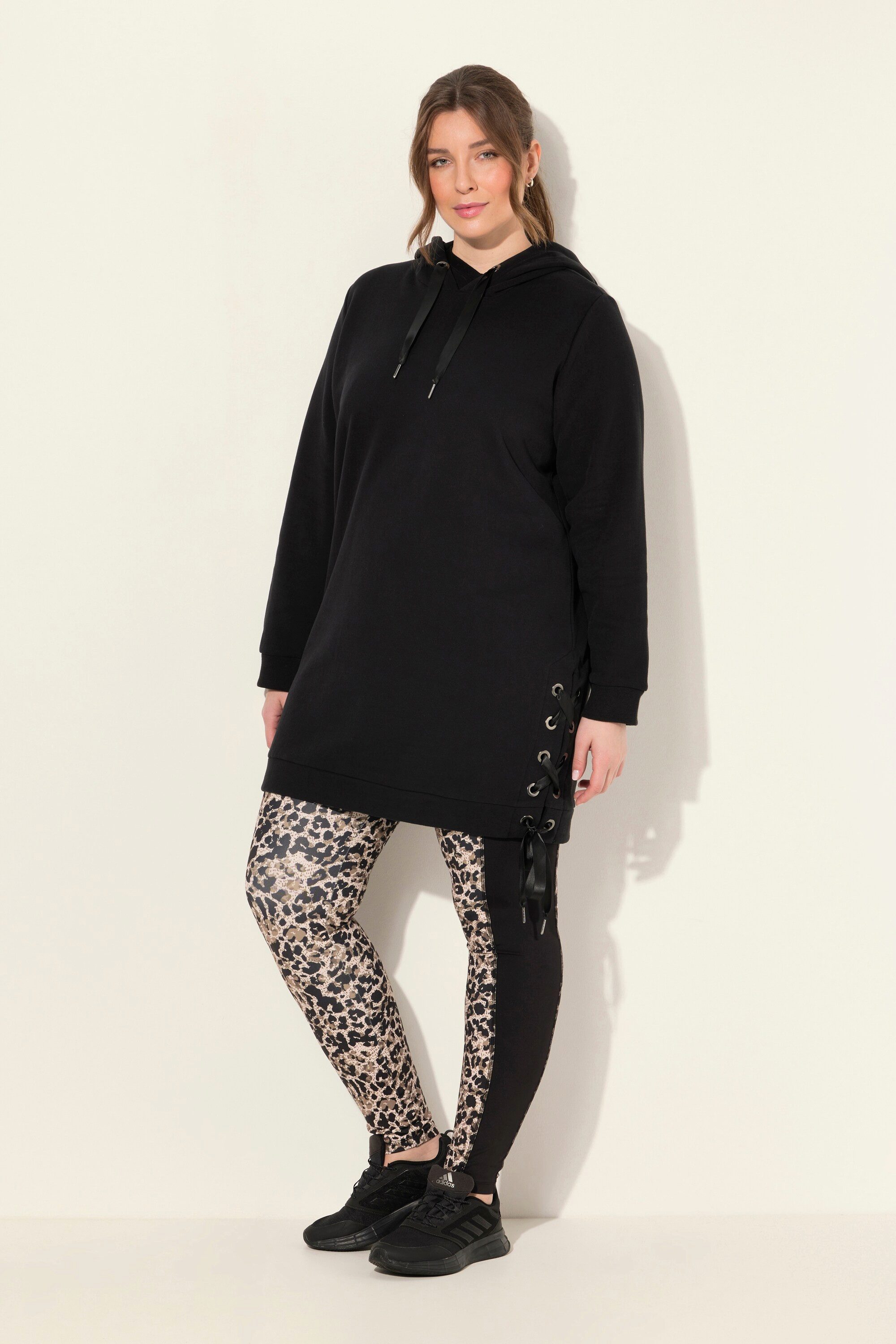 Ulla Popken Sweatshirt Long-Hoodie Satinbänder Kapuze günstig online kaufen