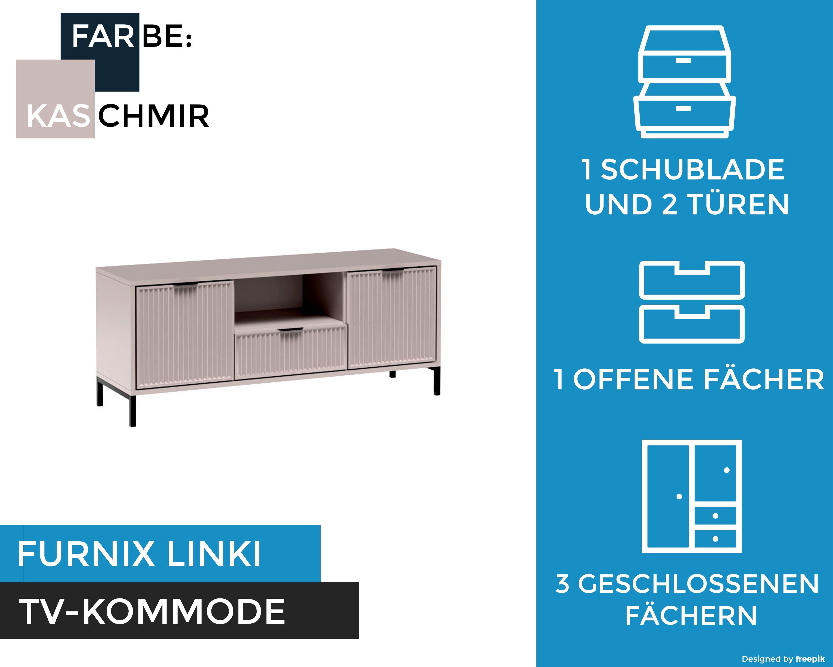 LS3 Furnix Loft-Design H55,6 TV-Board cm Schublade, in B135 LINKI und 1 Türen cm x 2 TV-Kommode Industrial, Kaschmir mit T40,6 x Blickfang,