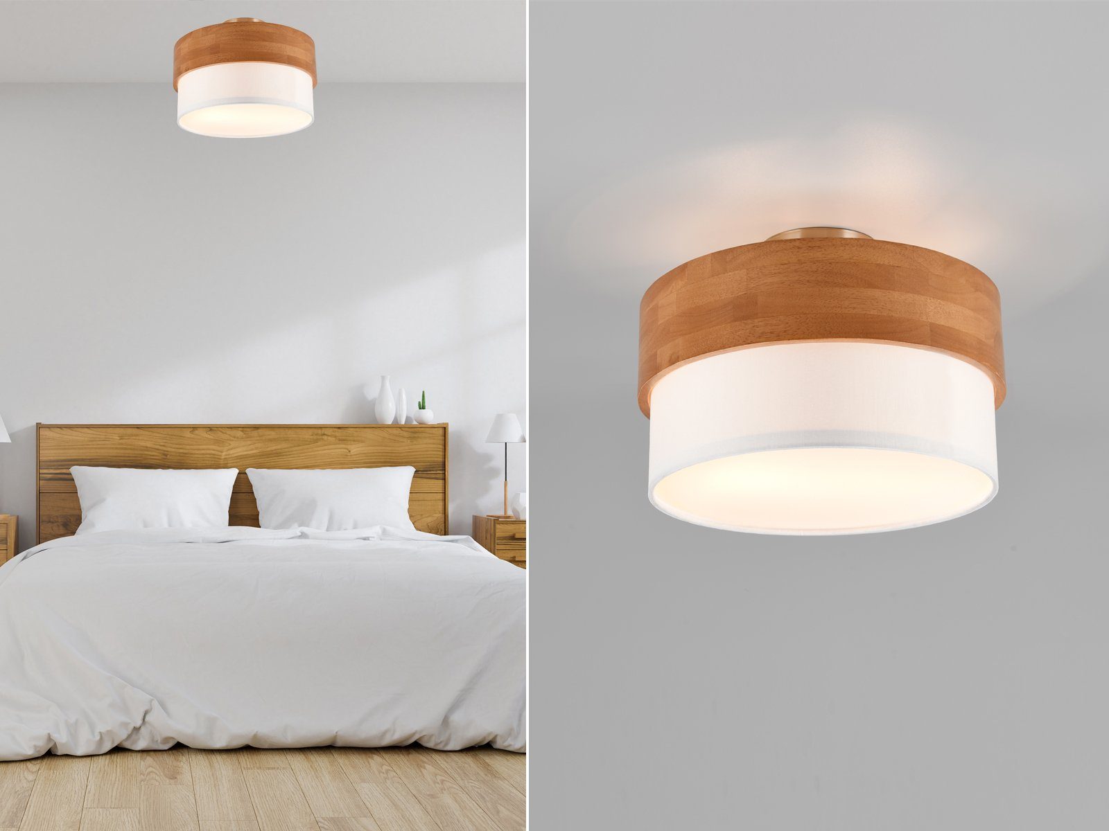 meineWunschleuchte LED Deckenleuchte, LED wechselbar, Warmweiß, Holz-lampe übern Esstisch Lampenschirme Stoff skandinavisch Weiß Ø30cm Naturholz / Weiß