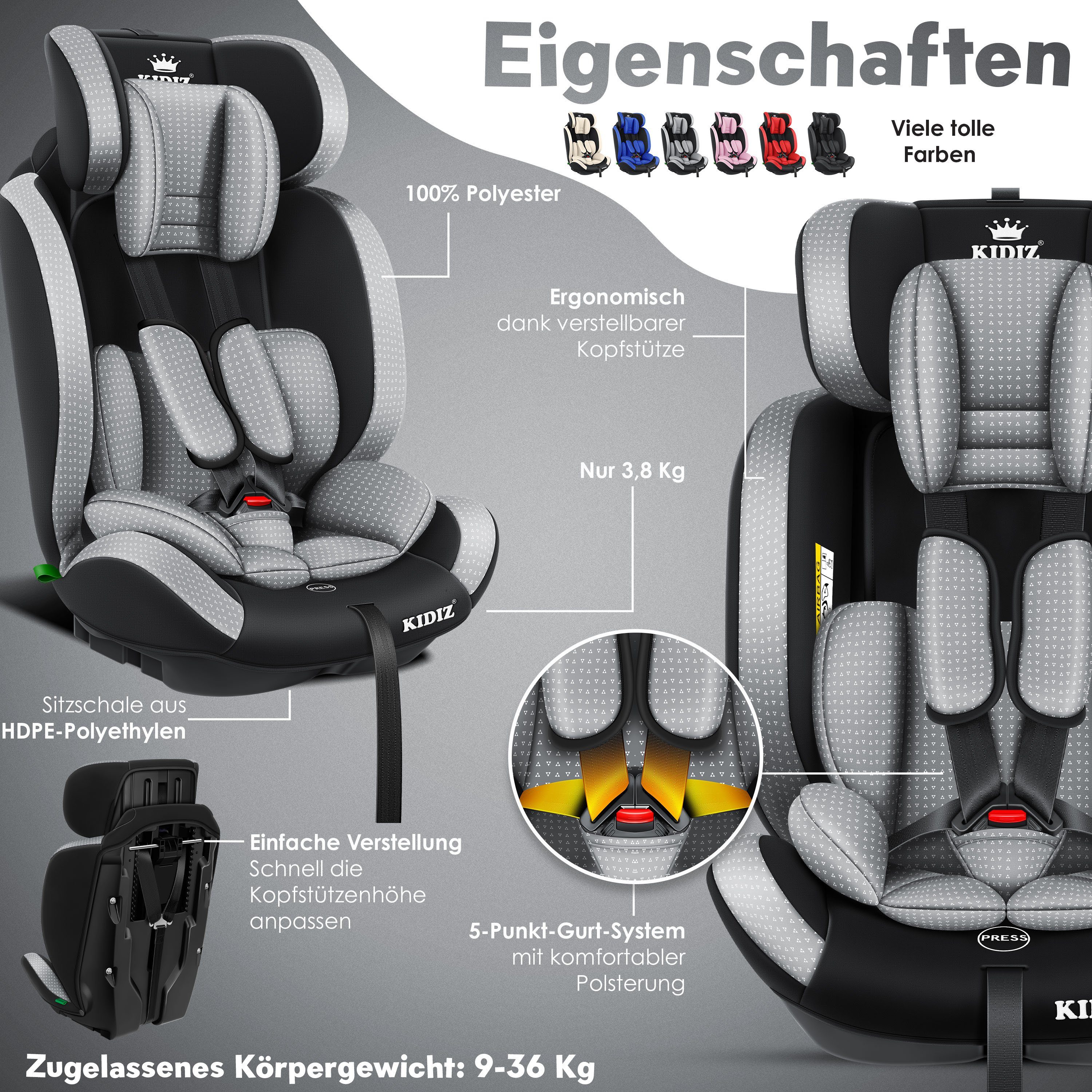 KIDIZ Autokindersitz, Kinderautositz 1-12 Jahre, Mitwachsend, Gruppe 1+2+3, 9-36 kg Autositz