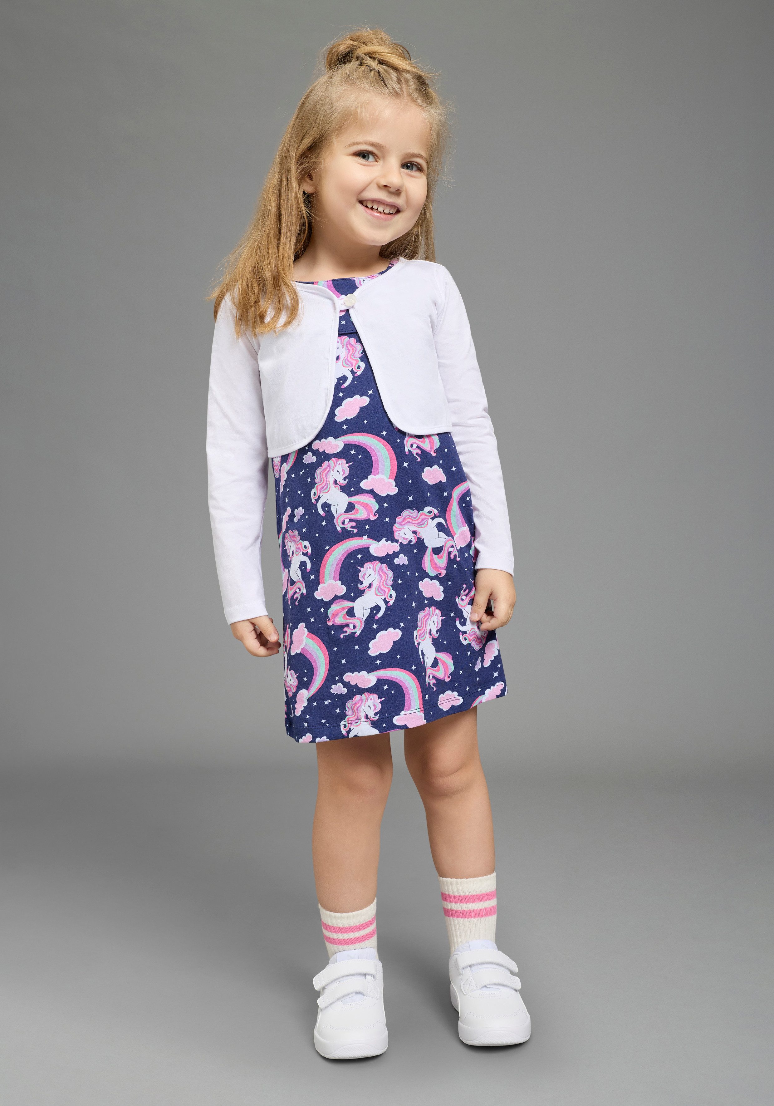 KIDSWORLD Bolero, Kleid & Leggings 2 tlg Set Kleid+Bolero Einhorn (Set, 2-tlg., 2) bedrucktes Design, aus Baumwollmischung, Single Jersey Material