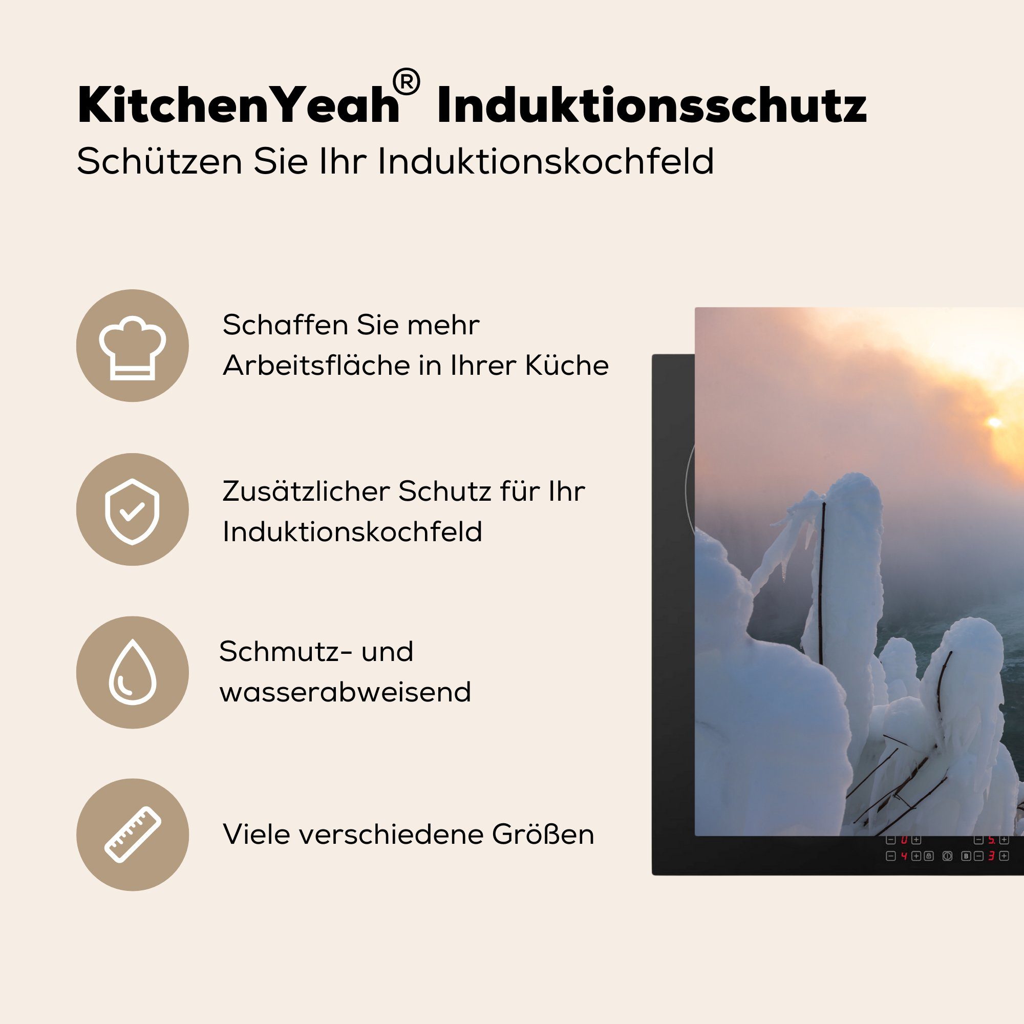 (1 cm, 81x52 Ceranfeldabdeckung Induktionskochfeld tlg), küche, die Wasserfall Sonne, für Herdblende-/Abdeckplatte - - Nebel MuchoWow Schutz Vinyl,