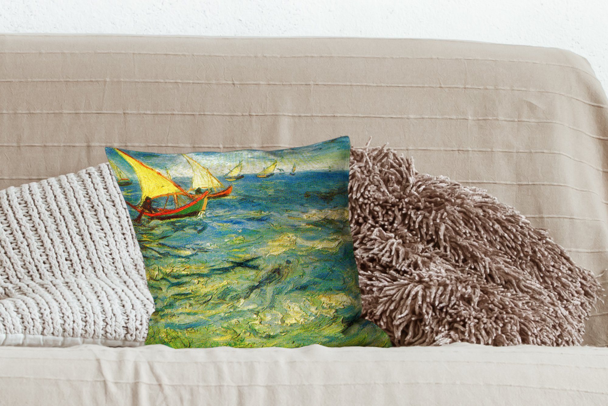 Vincent Fischerboote Zierkissen See Sofakissen auf mit von MuchoWow Deko, Gogh, - Dekokissen van für Wohzimmer, Füllung Schlafzimmer, Gemälde