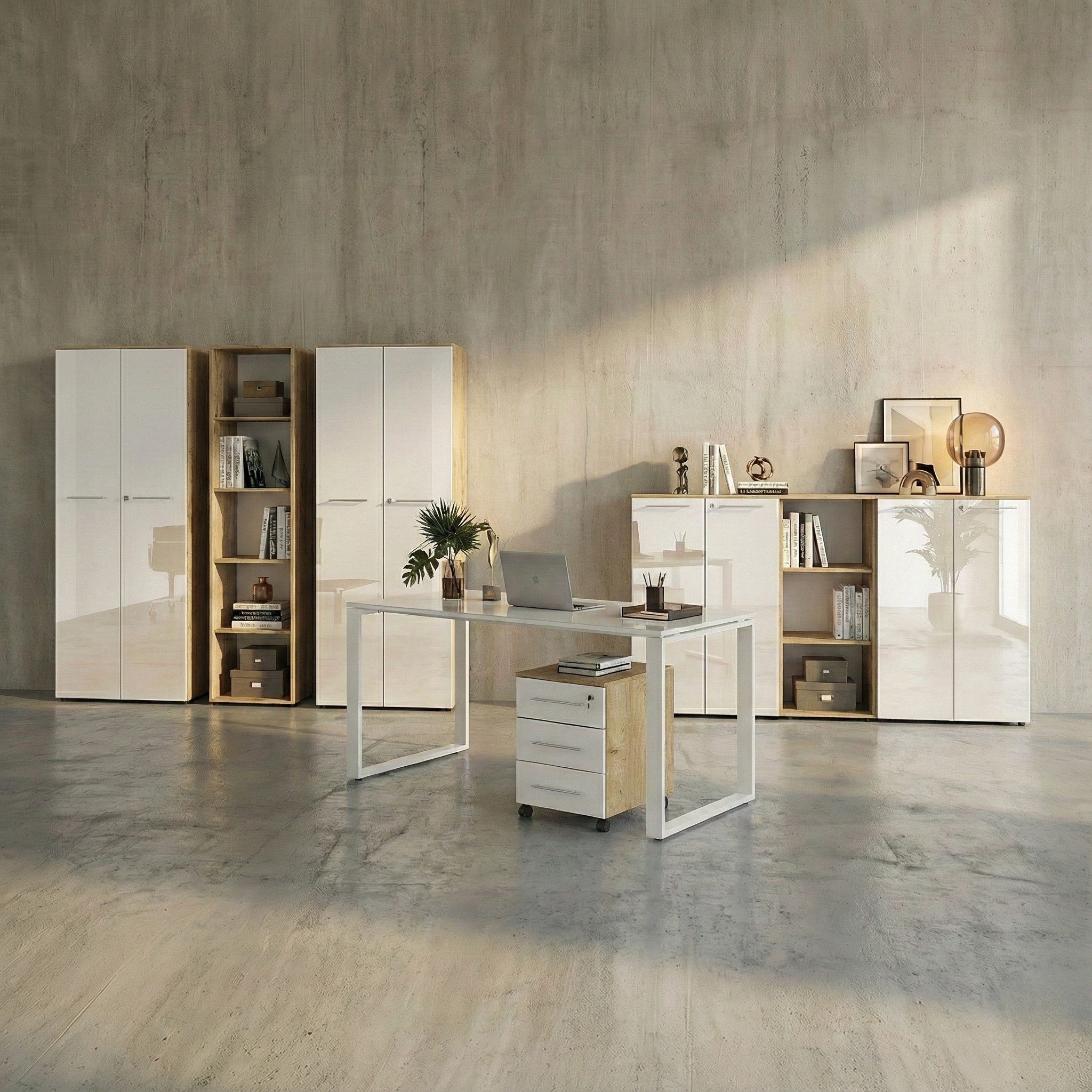 KADIMA DESIGN Büromöbel-Set Büro-Set MUENCHEN 8-tlg, Glas Abschließbar Soft-Close Modern Büromöbel, (Komplettbüro Made in Germany, Home Office Modern, Arbeitszimmer Büro), Komplettset 1x Schreibtisch, 1x Container, 4x Schränke, 2x Regale