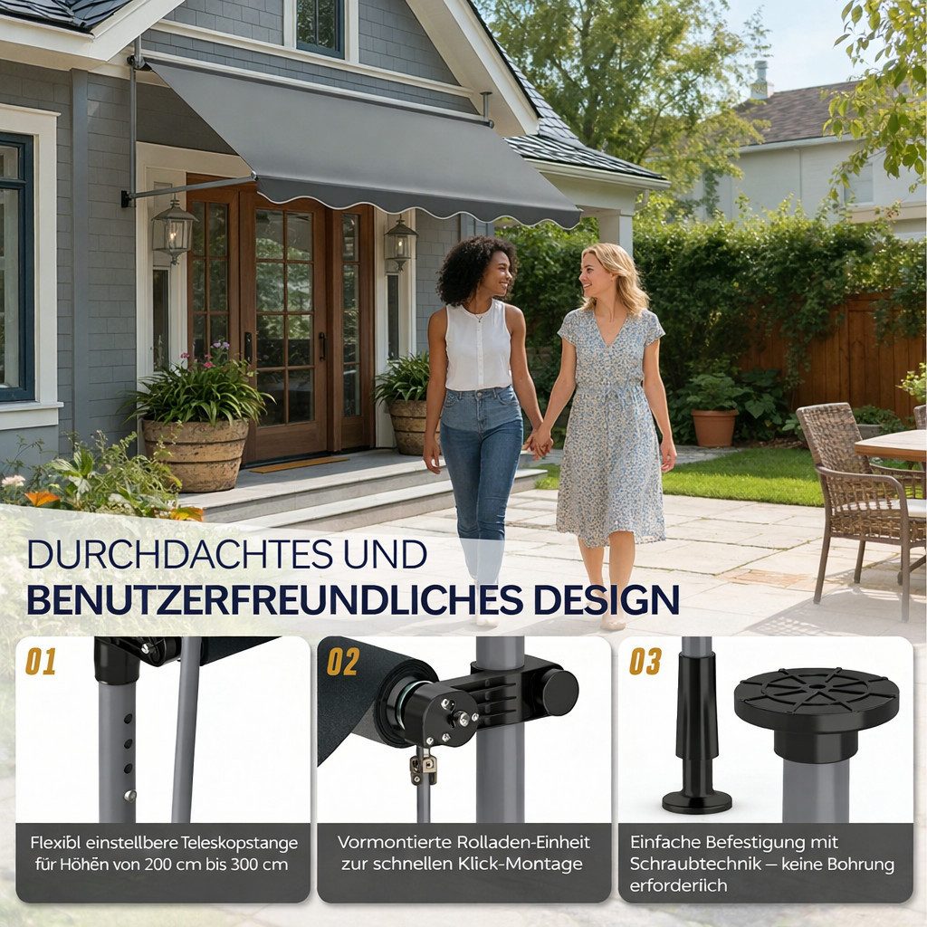 Ferghana Klemmmarkise Klemmmarkise Ohne Bohren, Balkonmarkise Höhenverstellbar (Sonnenschutz Wasserdicht UV-beständig, Sonnenmarkise für Terrasse Balkon Garten) Sichtschutz Markise