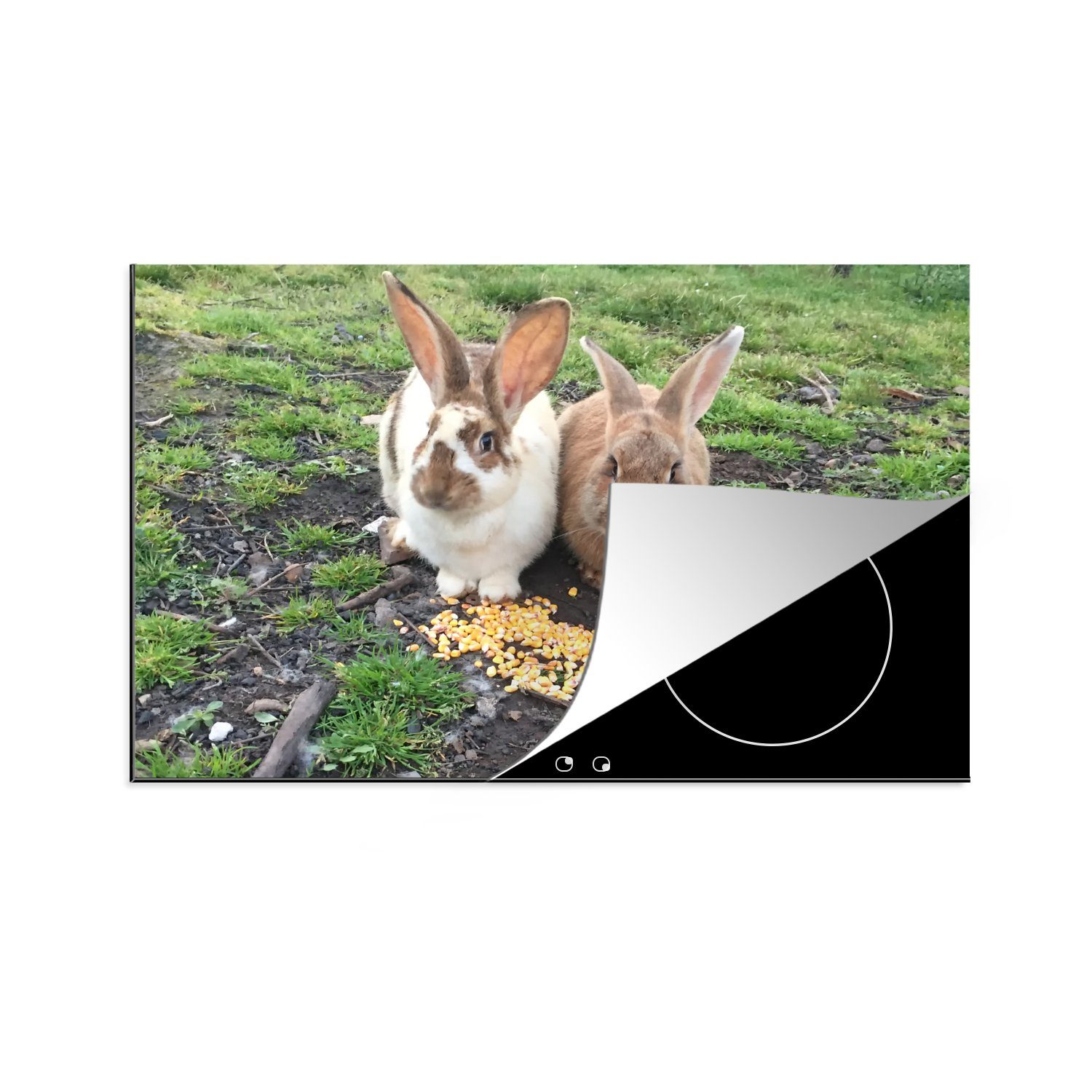 MuchoWow Herdblende-/Abdeckplatte Zwei Kaninchen mit Futter, Vinyl, (1 tlg), 81x52 cm, Induktionskochfeld Schutz für die küche, Ceranfeldabdeckung