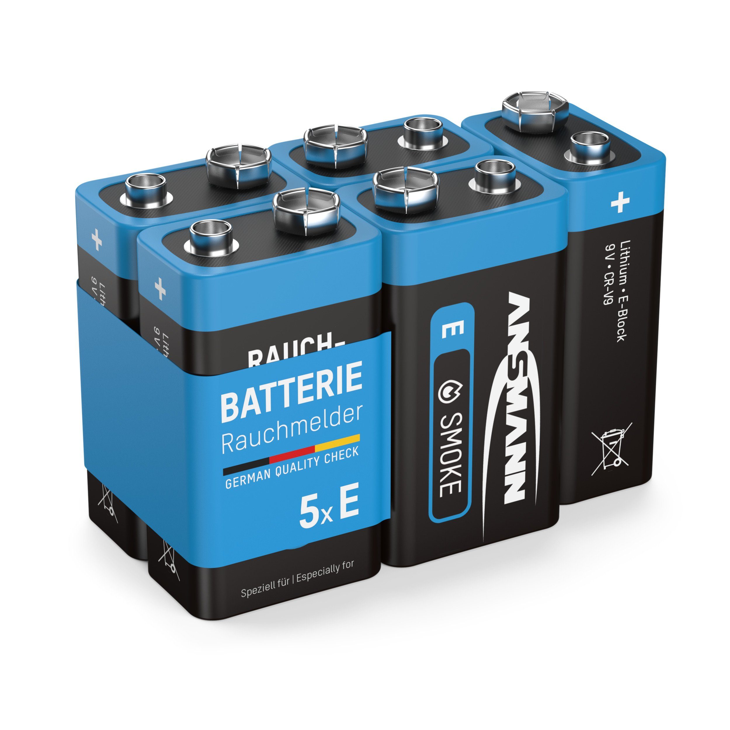 ANSMANN AG Rauchmelder Extrem Lithium Batterie 9V E-Block, 5 Stück Batterie
