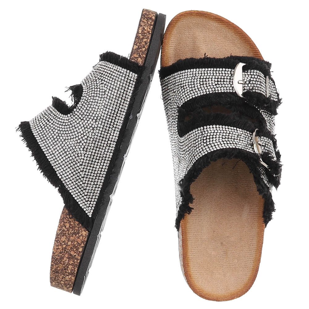 Ital-Design Glamouröse Damen Sandalen mit Strass und Korkfußbett Pantolette (91512404) Flach Pantoletten in Schwarz