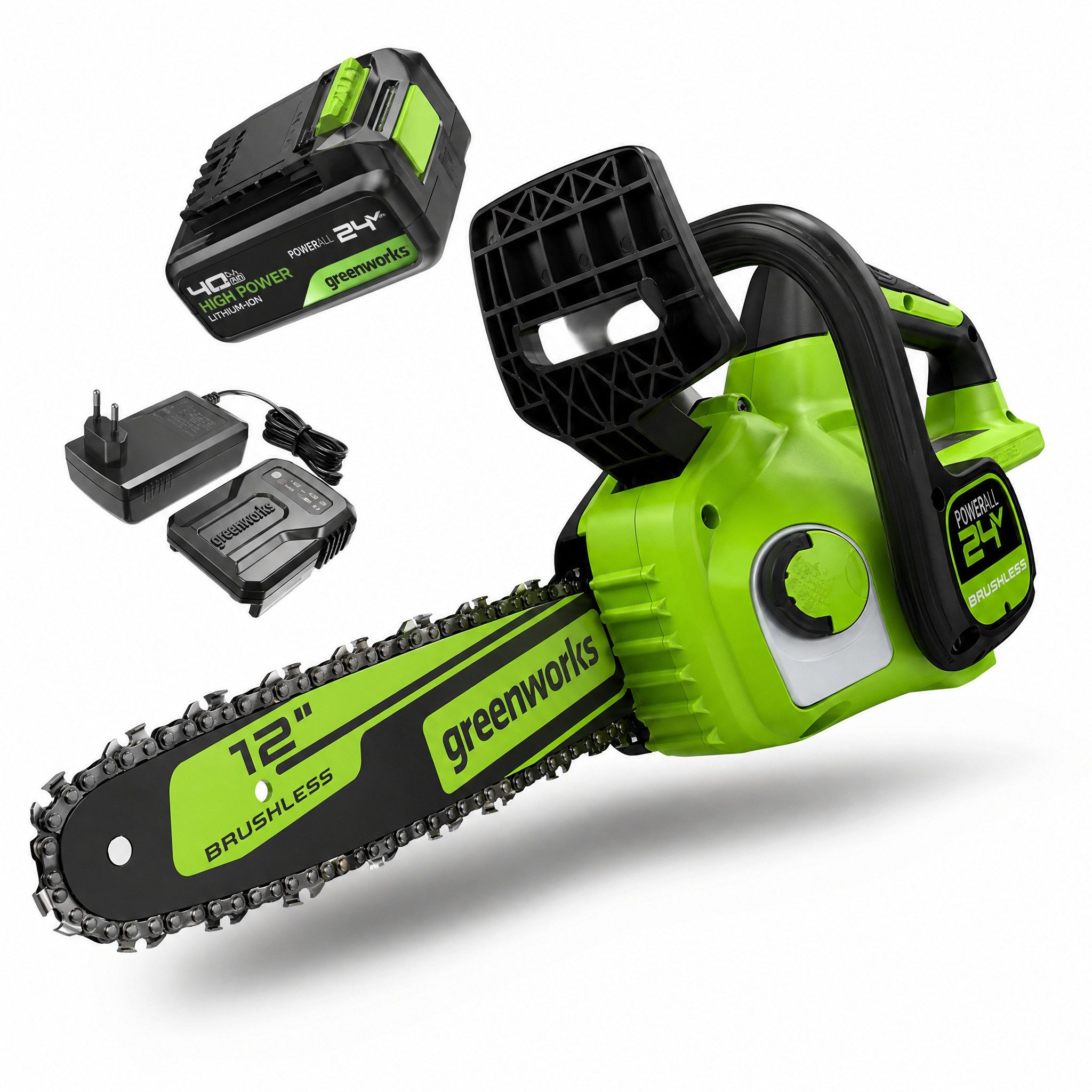 Greenworks Akku-Kettensäge Elektro-Kettensage 24V Brushless CSG4450 4.0Ah Akku & Schnellladegerät, 6''/12'' Mini Kettensäge automatischer Kettenschmierung für Heimbüro