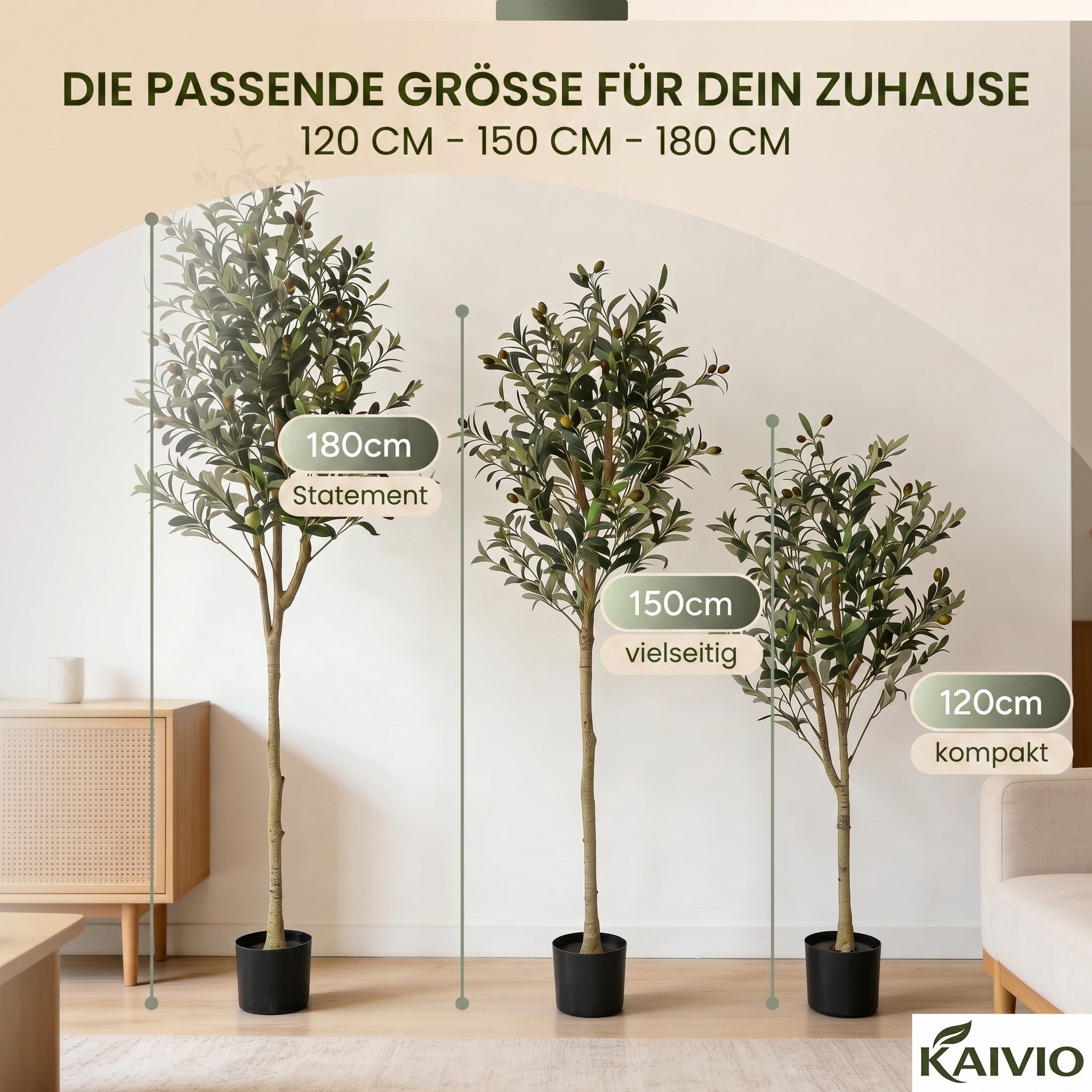 Kunstbaum KAIVIO Künstlicher Olivenbaum 150 cm Classic, Kaivio, Höhe 150 cm, Naturgetreue Optik mit 720 Blättern und 40 Oliven – Bild 4 von 5