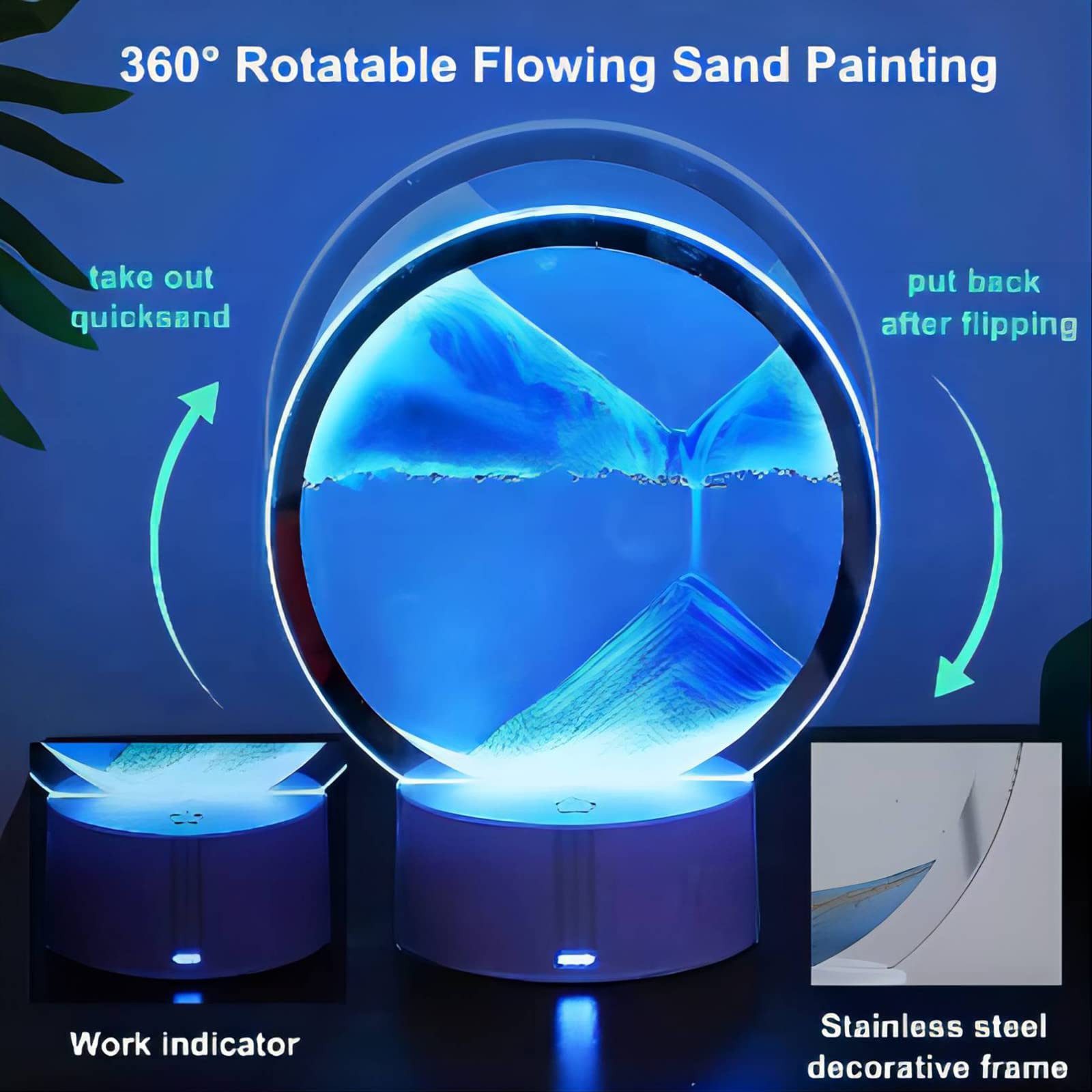 POPOLIC LED Nachtlicht Dynamisch 3D Sandbilder zum Drehen mit LED Nachtlicht, LED fest integriert, Entspannende Dekoration für Desktop-Kunst (Blau, 7)