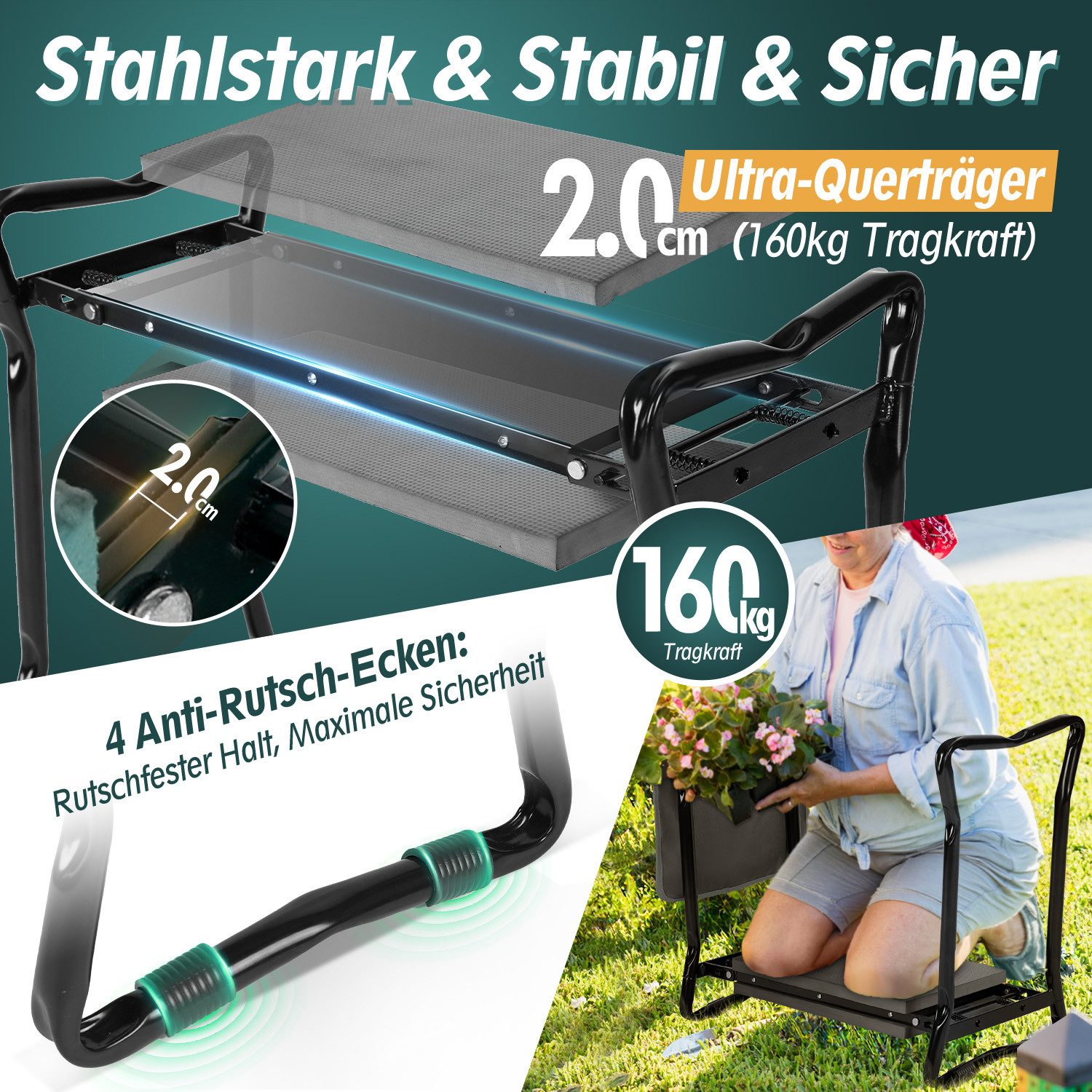 Sekey Kniebank 2 in 1 XXL Kniebank für Gartenarbeit Gepolstert Gartenhocker Klappbar, 2 in 1 Höhenverstellbar Gartenbank mit Werkzeugtasche 60 x 49 x 27,5cm