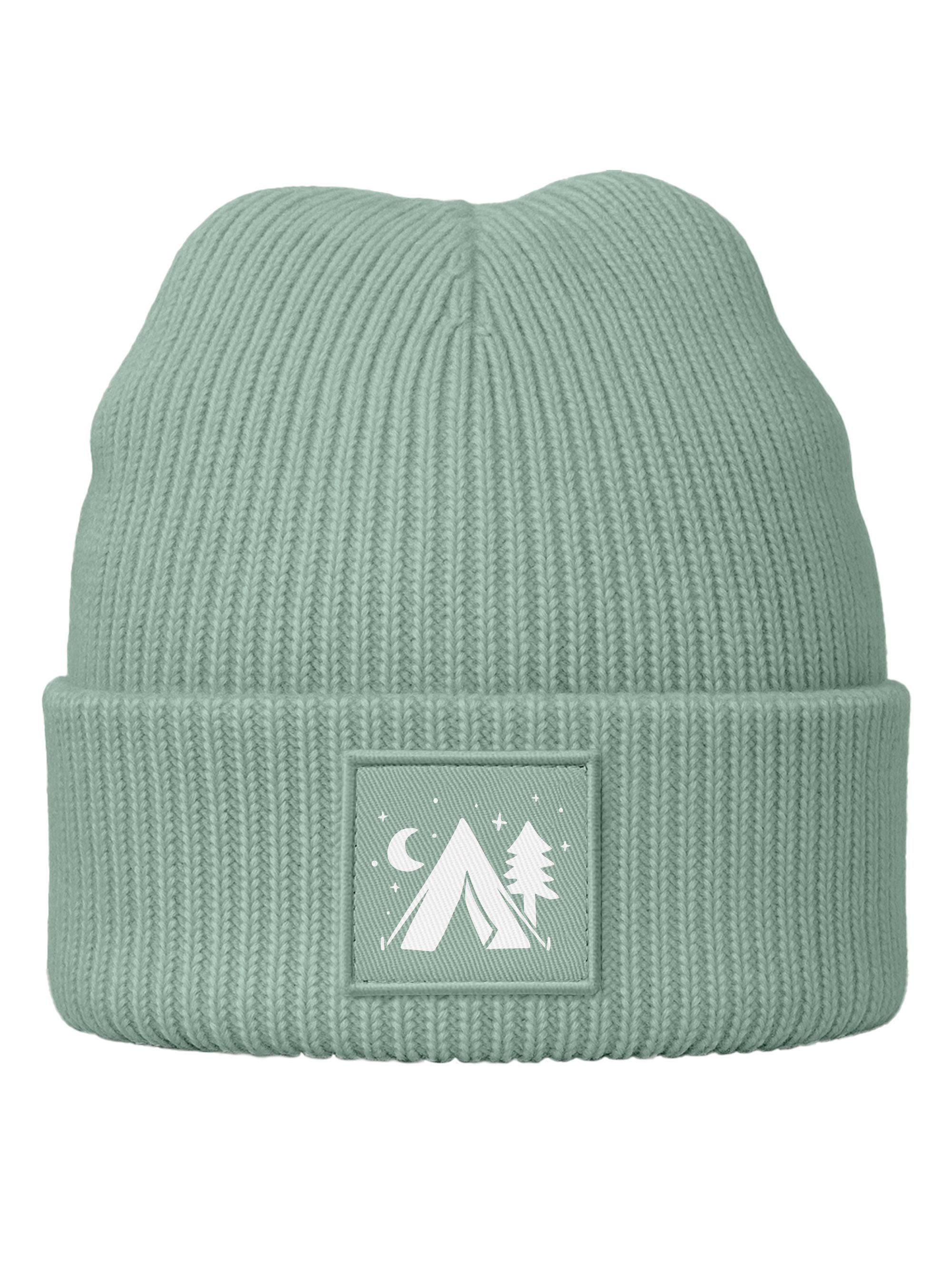Strickmütze Herren Mütze Beanie mit Aufdruck Camping Logo Patch Wintermütze Print