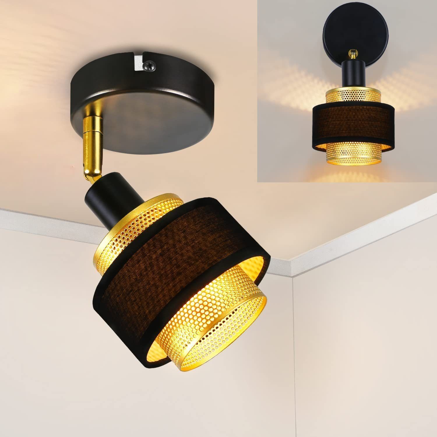 DREHBAR+180°VERSTELLBAR, Schwarz Stofflampenschirm für LED wechselbar, Wohnzimmer Schlafzimmer Küche Deckenstrahler 270° Flur Industrial mit Vintage Nettlife E14 Metall,