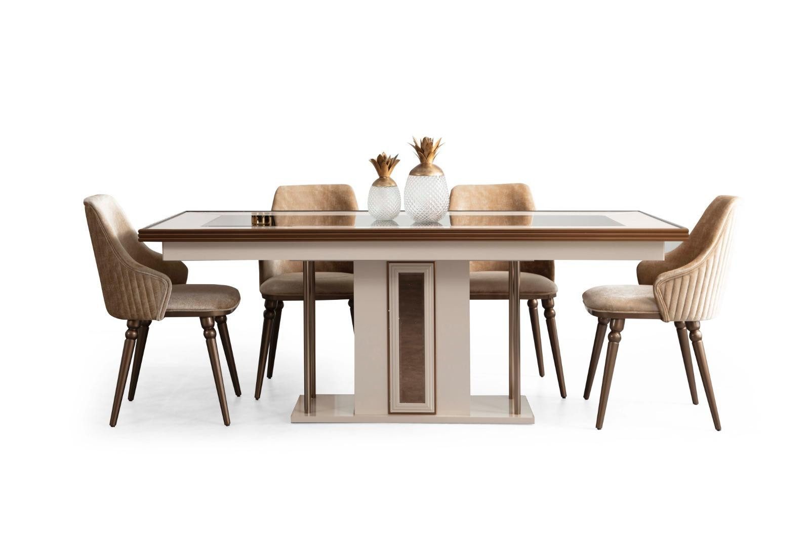 Xlmoebel Esstisch Beiger Esstisch mit Glasplatte und Holzbeinen, elegantes Design (1-St., nur Esstisch ohne Stühle), Hergestellt in Europa