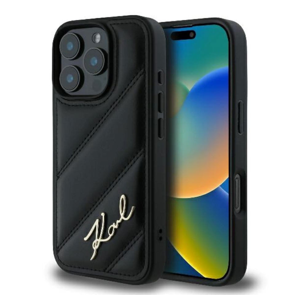 KARL LAGERFELD Handyhülle iPhone 16 Pro Kunstleder quilted schwarz Logo goldfarbig 6,3 Zoll, Kantenschutz