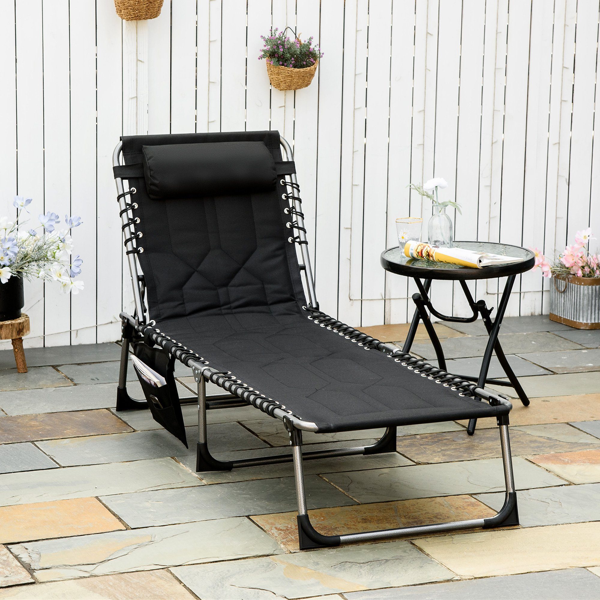 Outsunny Gartenliege faltbar mit Kissen Garten 5-stufige Rückenlehne verstellbar, Sonnenliege, 1 St., Klappliege, Stahl Oxford-Stoff Schwarz 188 x 57 x 30 cm