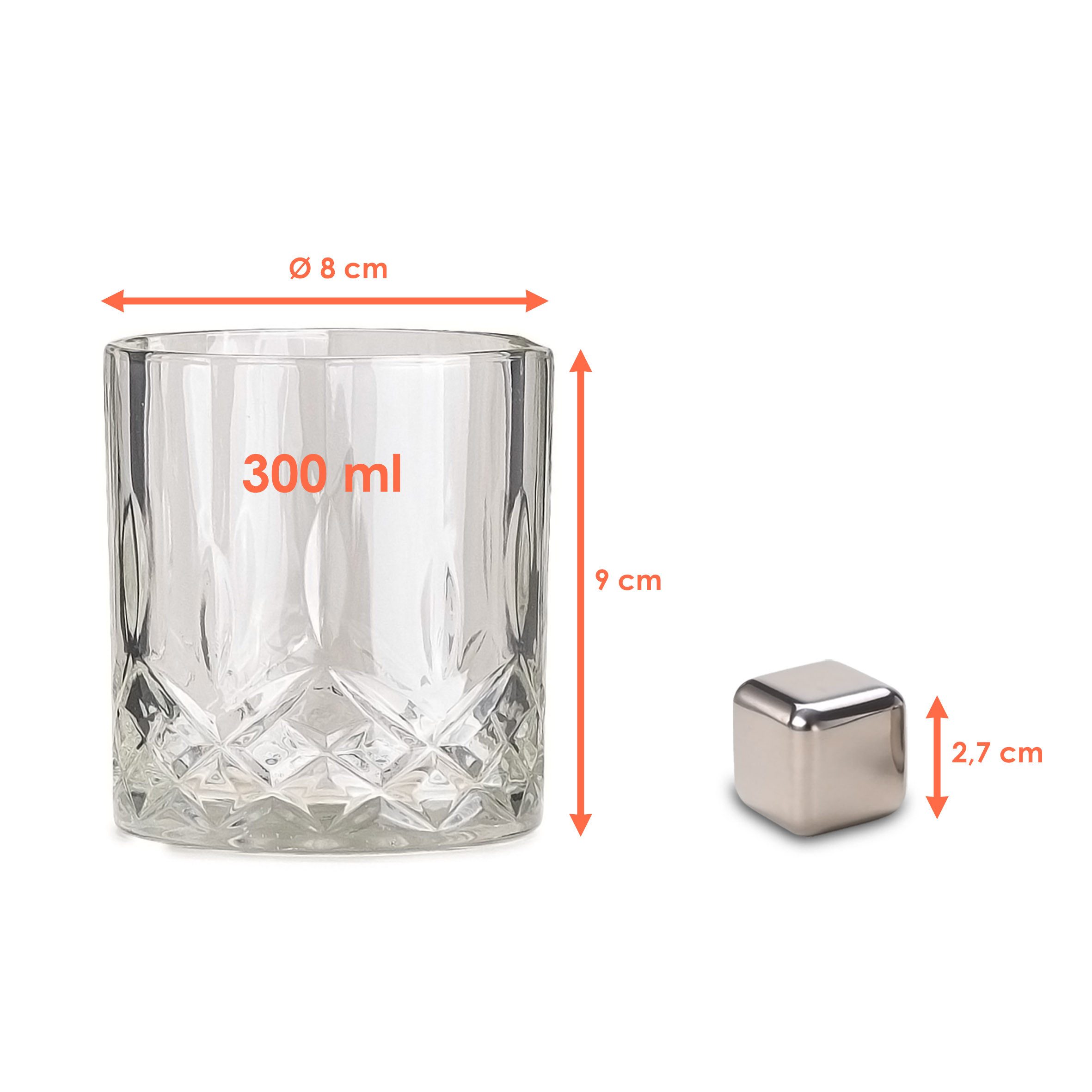 Woma Eiswürfel-Steine Edelstahl Whisky Steine Geschenk Set in edler Holzbox - 6-teilig, Wiederverwendbare Kühlwürfel mit Glas und Samtbeutel