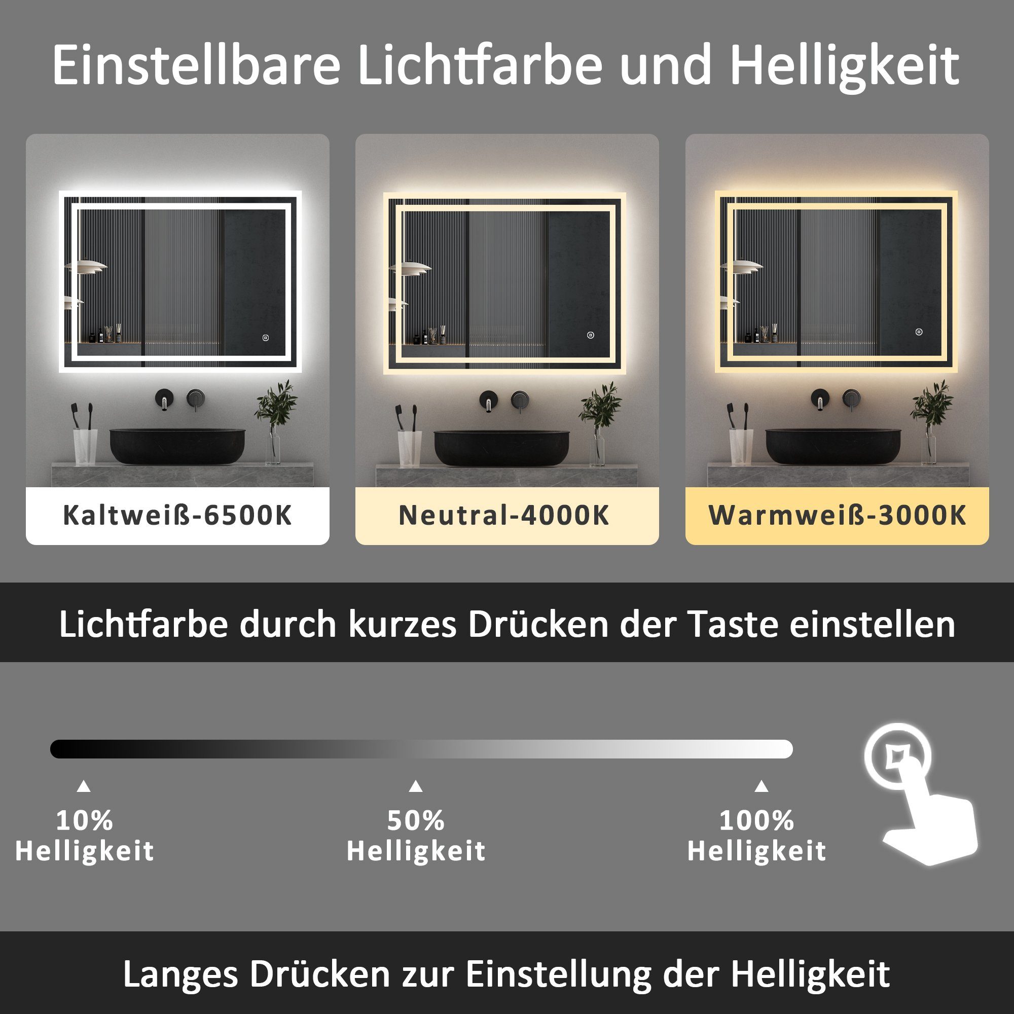 WDWRITTI Badspiegel Wandspiegel Badezimmerspiegel Led Spiegel Bad mit Beleuchtung Touch (Spiegel Led badezimmer, Lichtspiegel, Speicherfunktion, 3Lichtfarben, Helligkeit einstellbar), energiesparender, IP44