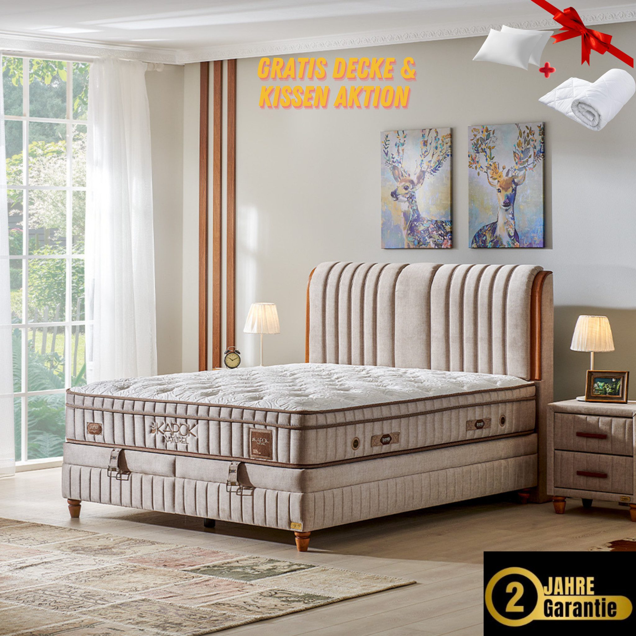 Bambi Boxspringbett mit Matratze Kopfteil Boxspringbett 180x200 - 90x200 Kapok (Doppelbett mit Fußteil, 4-St., Multipocket-Matratze H3 Matratze Topper, Kopfteil, Bettkästen), inkl. Lieferung