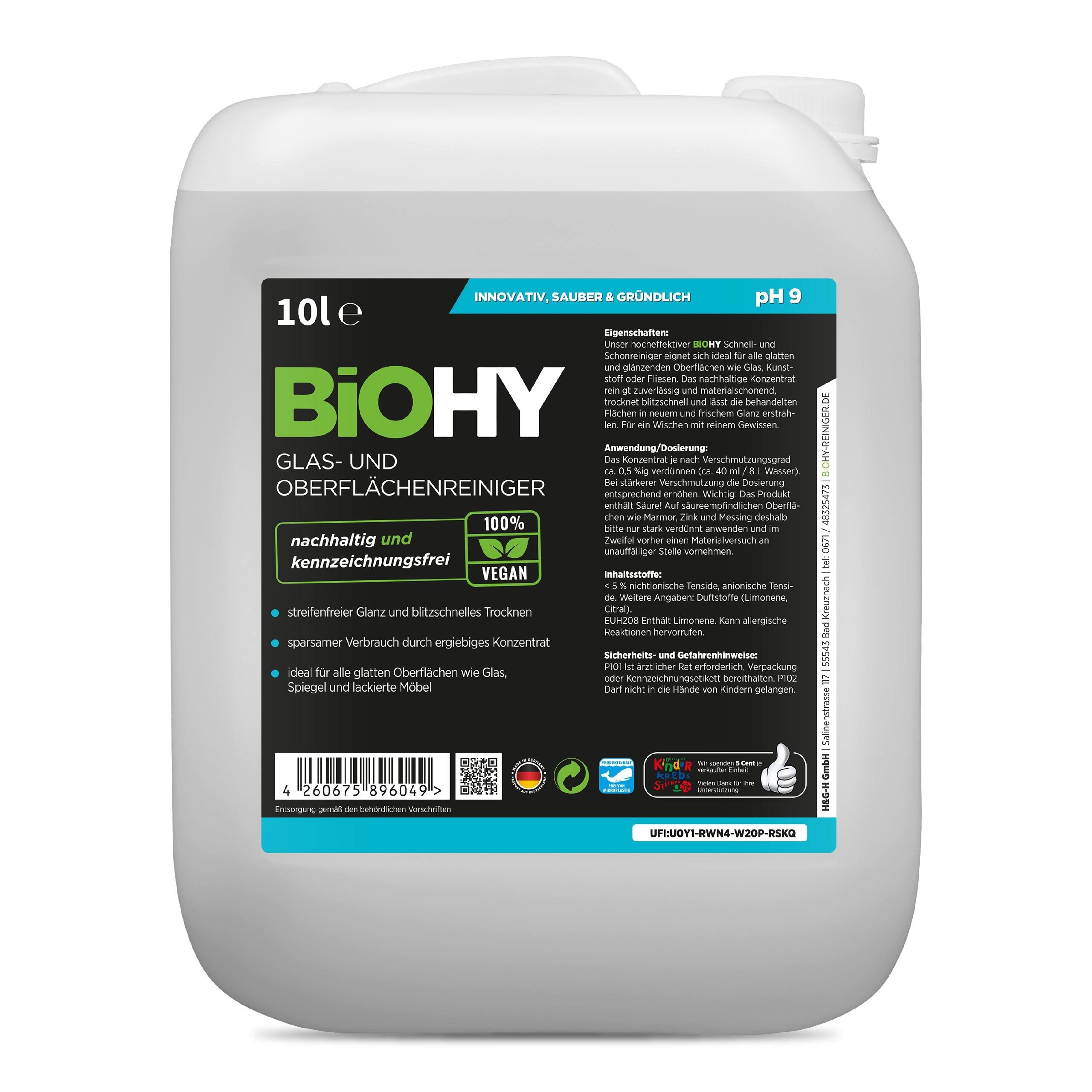 BiOHY Glas- und Oberflächenreiniger 1 x 10 Liter Kanister Glasreiniger (1-St)