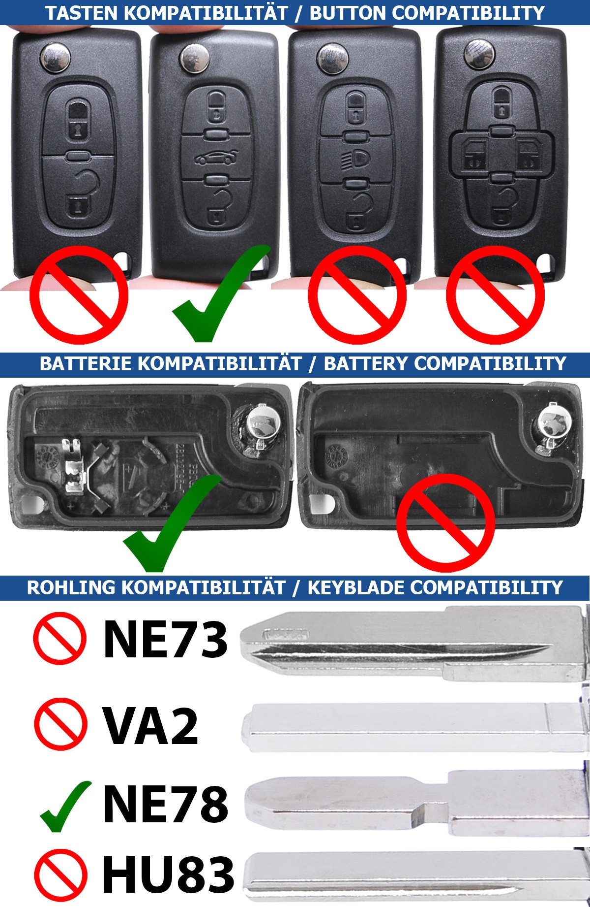 mt-key Auto Klapp Schlüssel Gehäuse 3 Tasten + NE78 Rohling + VARTA CR1620 Knopfzelle, CR1620 (3 V), für Peugeot 607 Funk Fernbedienung