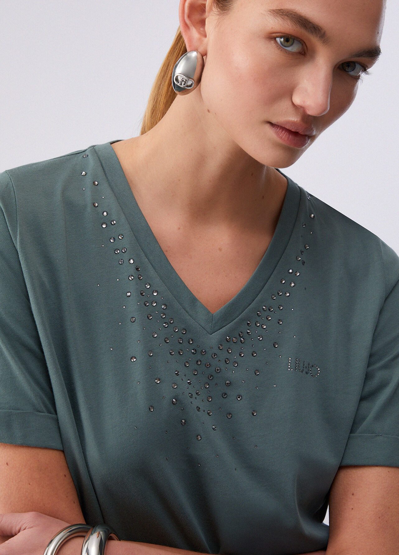 Liu Jo Kurzarmshirt - T-Shirt Damen - grünes Damenshirt - Strass - Basic Shirt - elegant