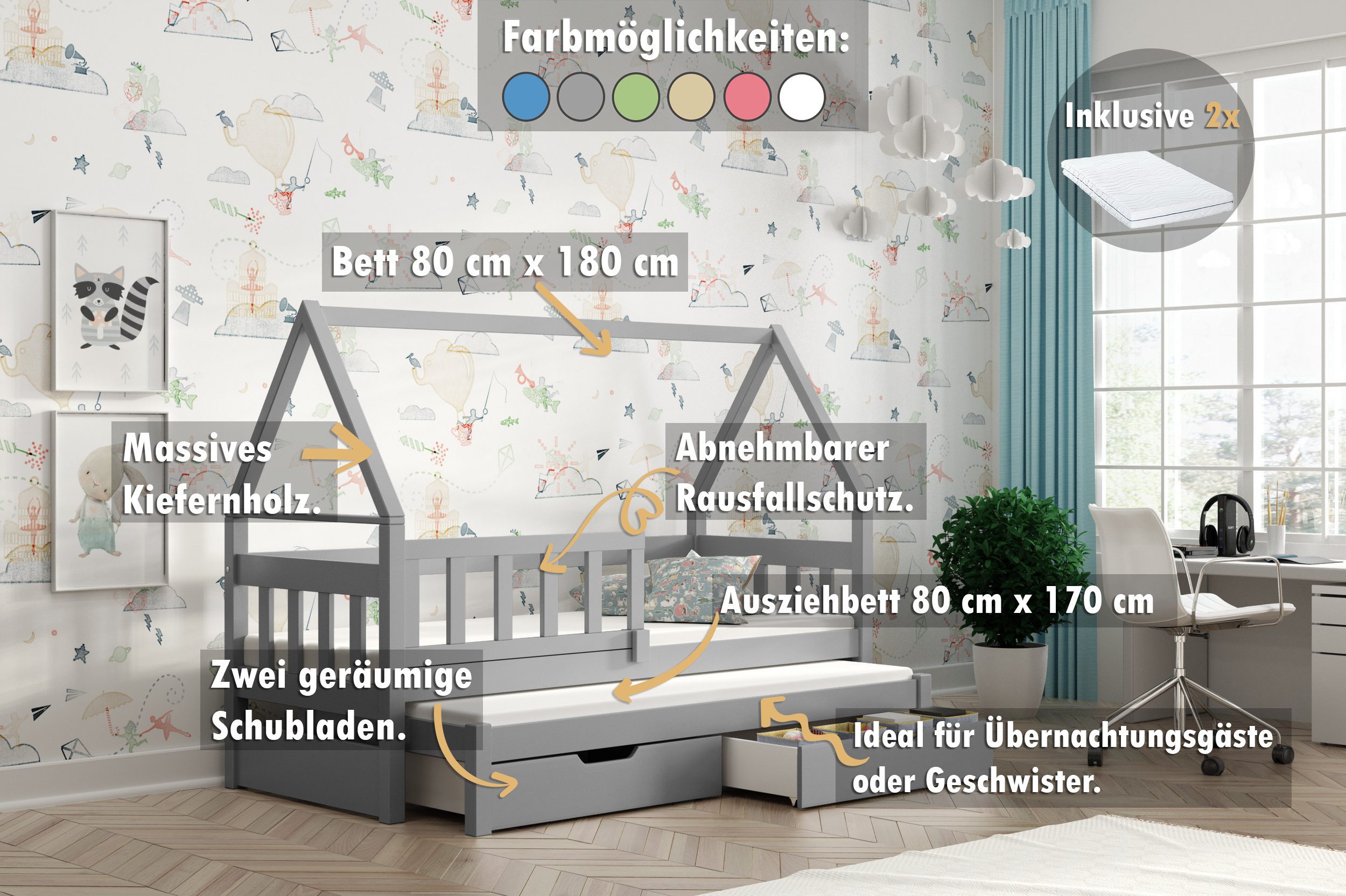thematys Kinderbett mit Rausfallschutz und Ausziehbett und 2 Schubladen INK günstig online kaufen