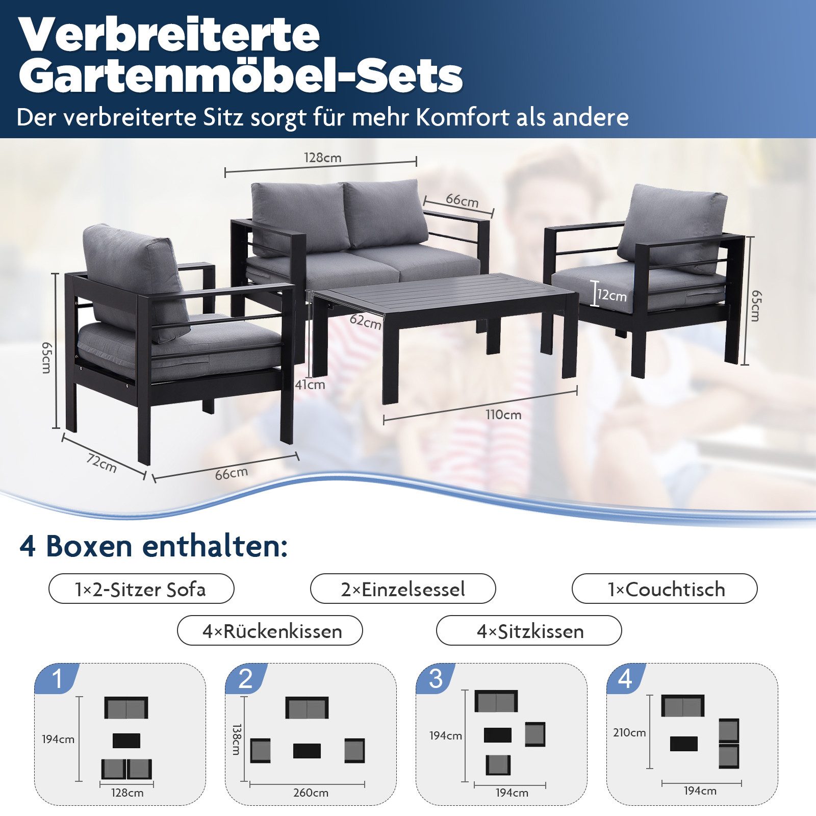MeXo Gartenlounge-Set Balkon Möbel Set mit Tisch Aluminium 4 teilig outdoor wetterfest, (12cm Deluxe Relax-Sitzkissen, 4-tlg., Belastbarkeit pro Sitzplatz 140kg), Terrassenmöbel Set mit Tisch 110x62x41cm, elegant symmetrisch