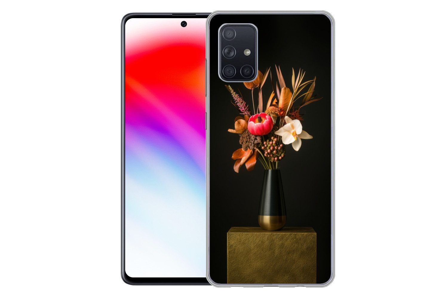 MuchoWow Handyhülle für Samsung Galaxy A51 Blumenstrauß - Orange - Gold - Vase, Smartphone-Bumper, Print, Handy Schutzhülle Dünn