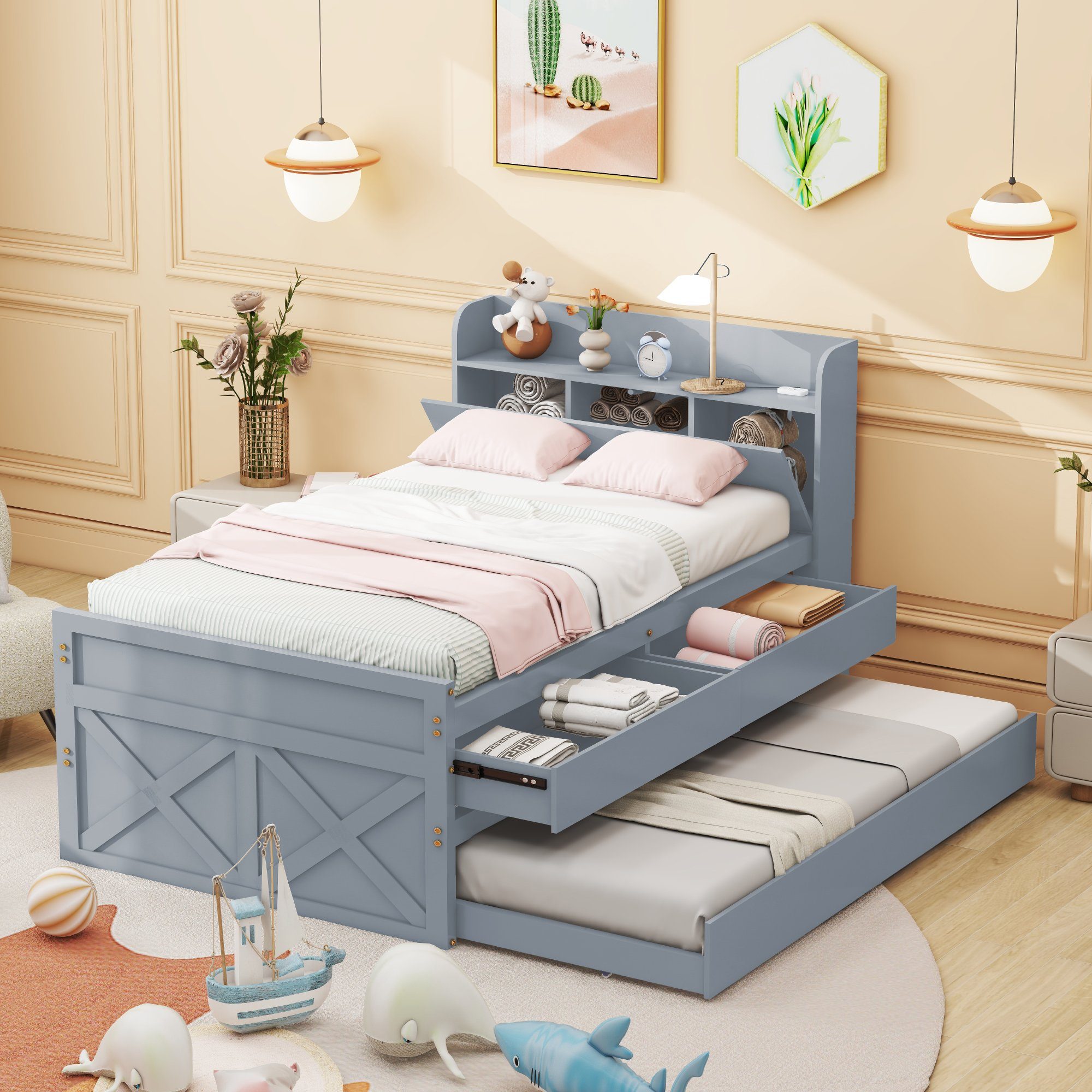 Massivholzbett (Stauraumbett, Kinderbett 90x190cm), mit 2 Schubladen, Stauraumfach, USB Ladefunktion und Ausziehbett