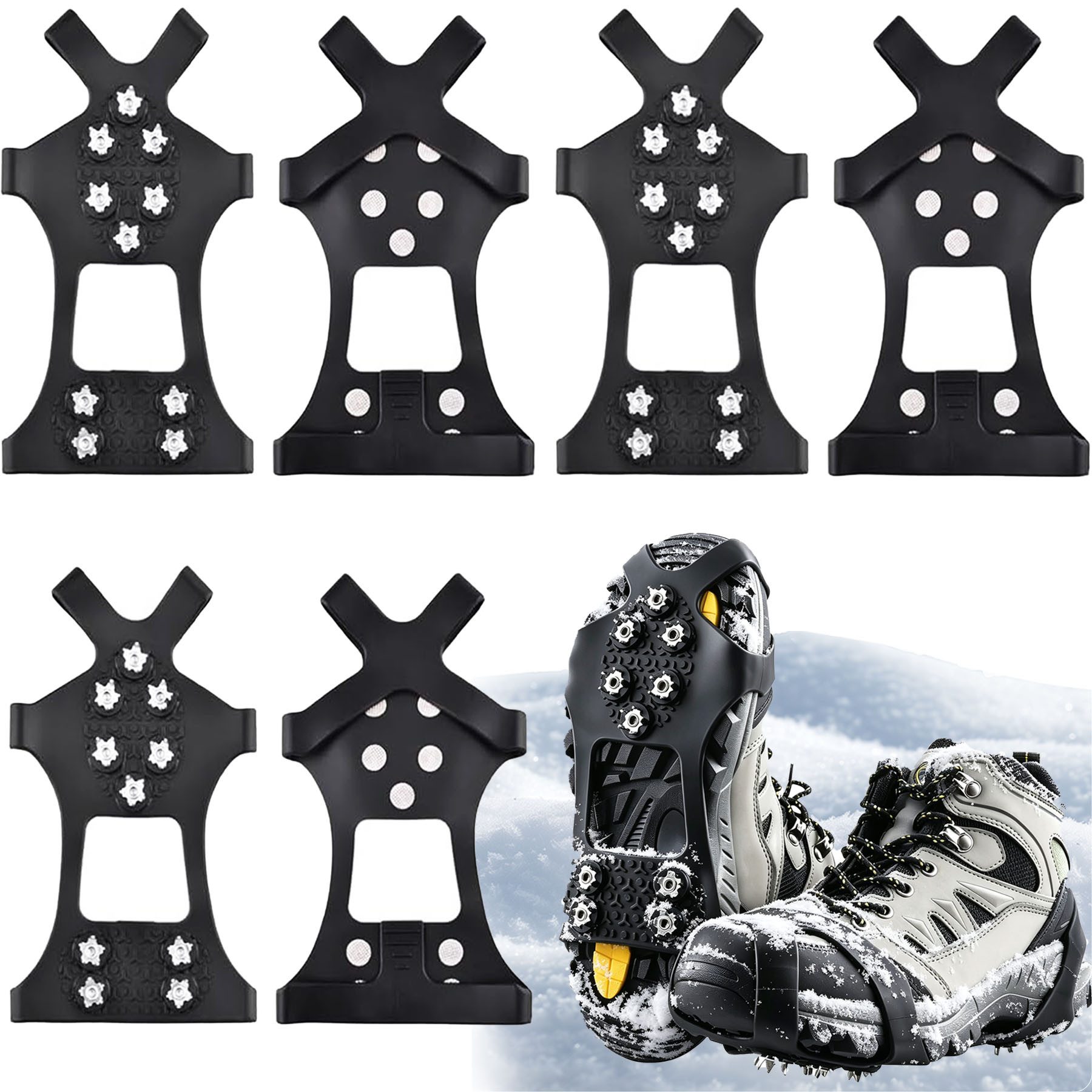 Mutig Spikes Schuhspikes 3 Paar, hochelastisch und verstärkt, mit 10 Spikes (Schuhspikes für Bergschuhe mit Zähnen, Schuhkrallen aus Manganstahl, Crampons zum Überziehen für Winter,Steigeisen Für Damen und Herren), Rutschfest Spikes für Gehen Wandern Trekking Eisfischen Winter Outdoor