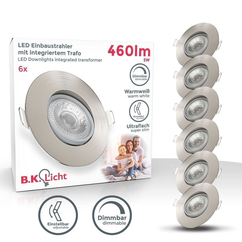 B.K.Licht LED Einbaustrahler SET 6x Einbauleuchten 90mm dimmbar 230V ultra-flach schwenkbar BKL1285, Dimmfunktion, LED fest integriert, 3000K - Warmweiß