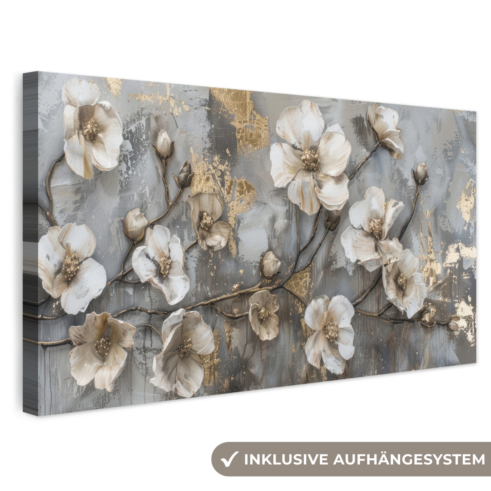 OneMillionCanvasses® Leinwandbild Panorama Blumen - Weiß - Grau - Gold - Luxus, Fotodruck (1 St), Wandbild, Deko Schlafzimmer Wohnzimmer Flur 40x20 cm