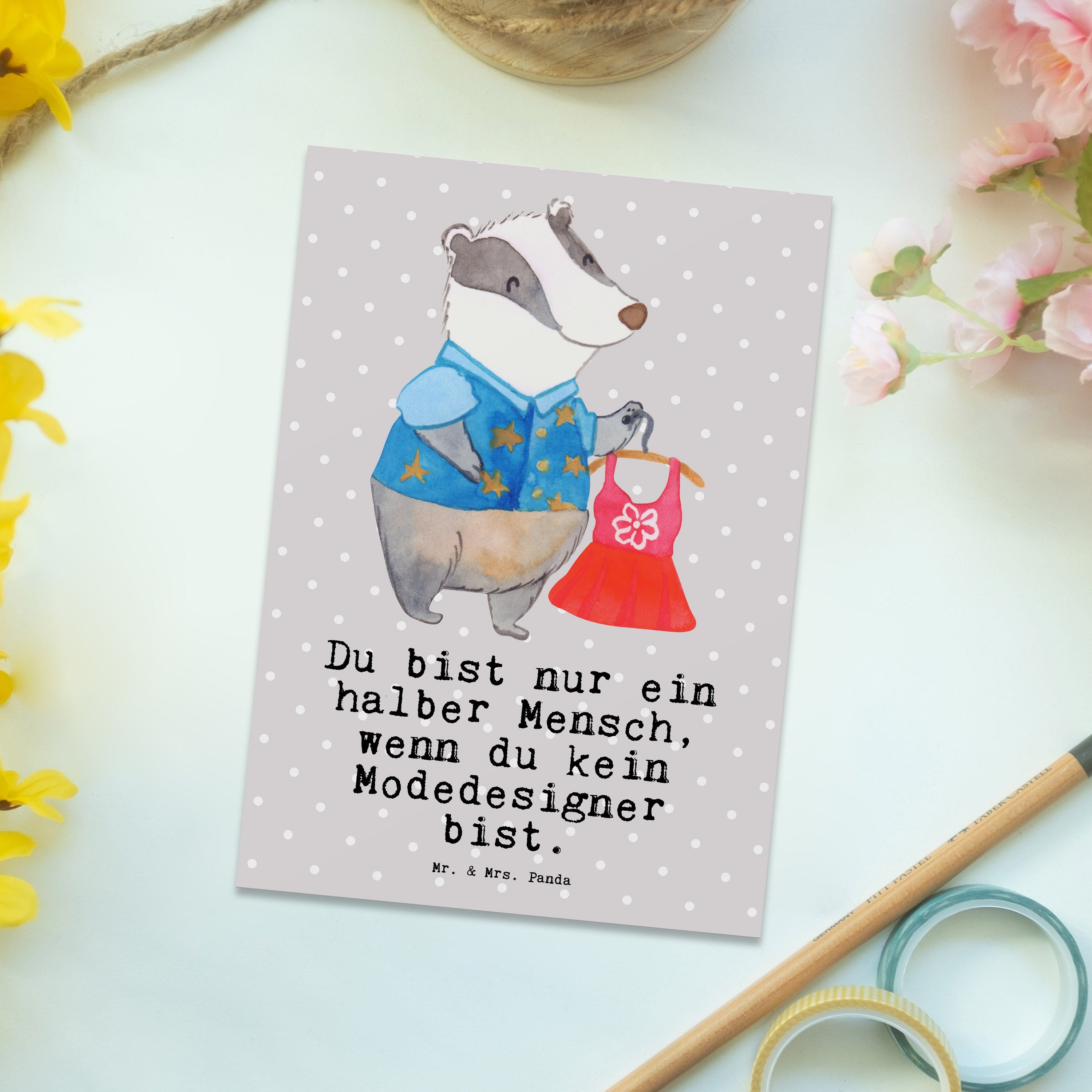 Mr. & Mrs. Panda Postkarte - Modeschöpfer, Grau Herz Modedesigner mit Fashio Geschenk, - Pastell