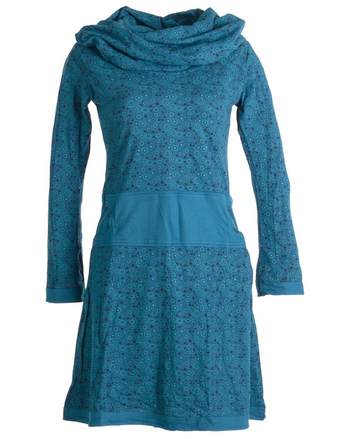Vishes Jerseykleid Bedrucktes Kleid aus Baumwolle mit Schalkragen Ethno, Goa, Boho, Hippie Style türkis