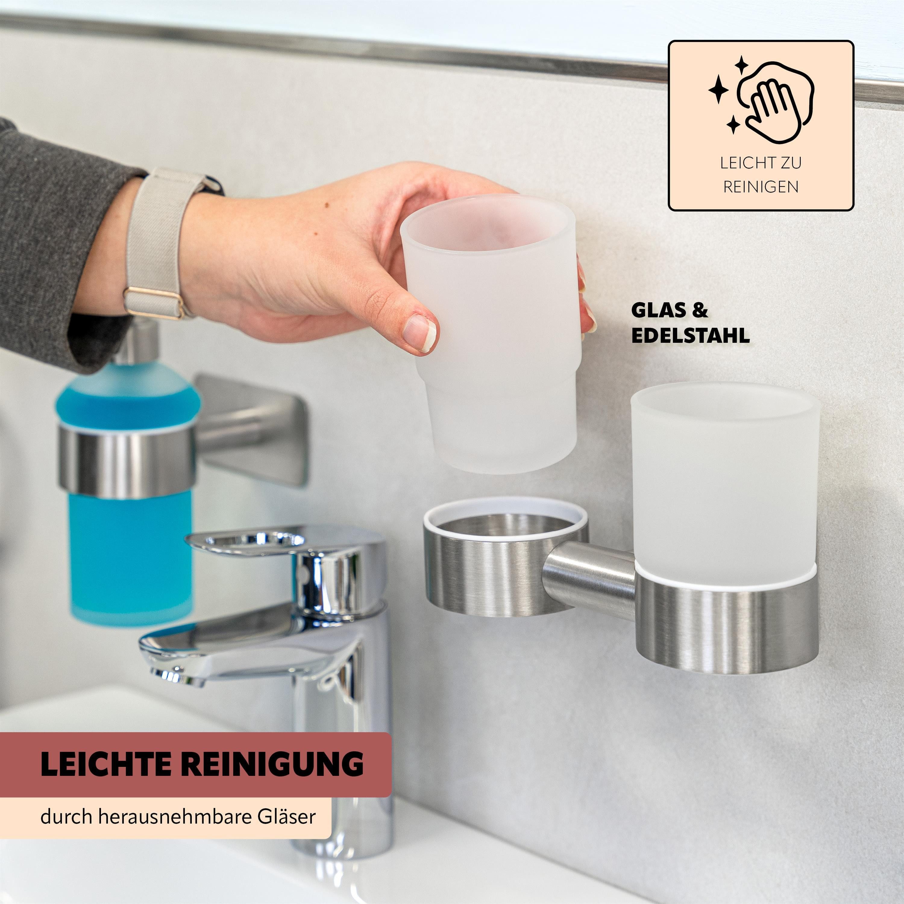 bremermann Zahnputzbecher Bad-Serie PIAZZA TAPE - mit Klebepad aus Glas und Edelstahl, (1-St) – Bild 5 von 5