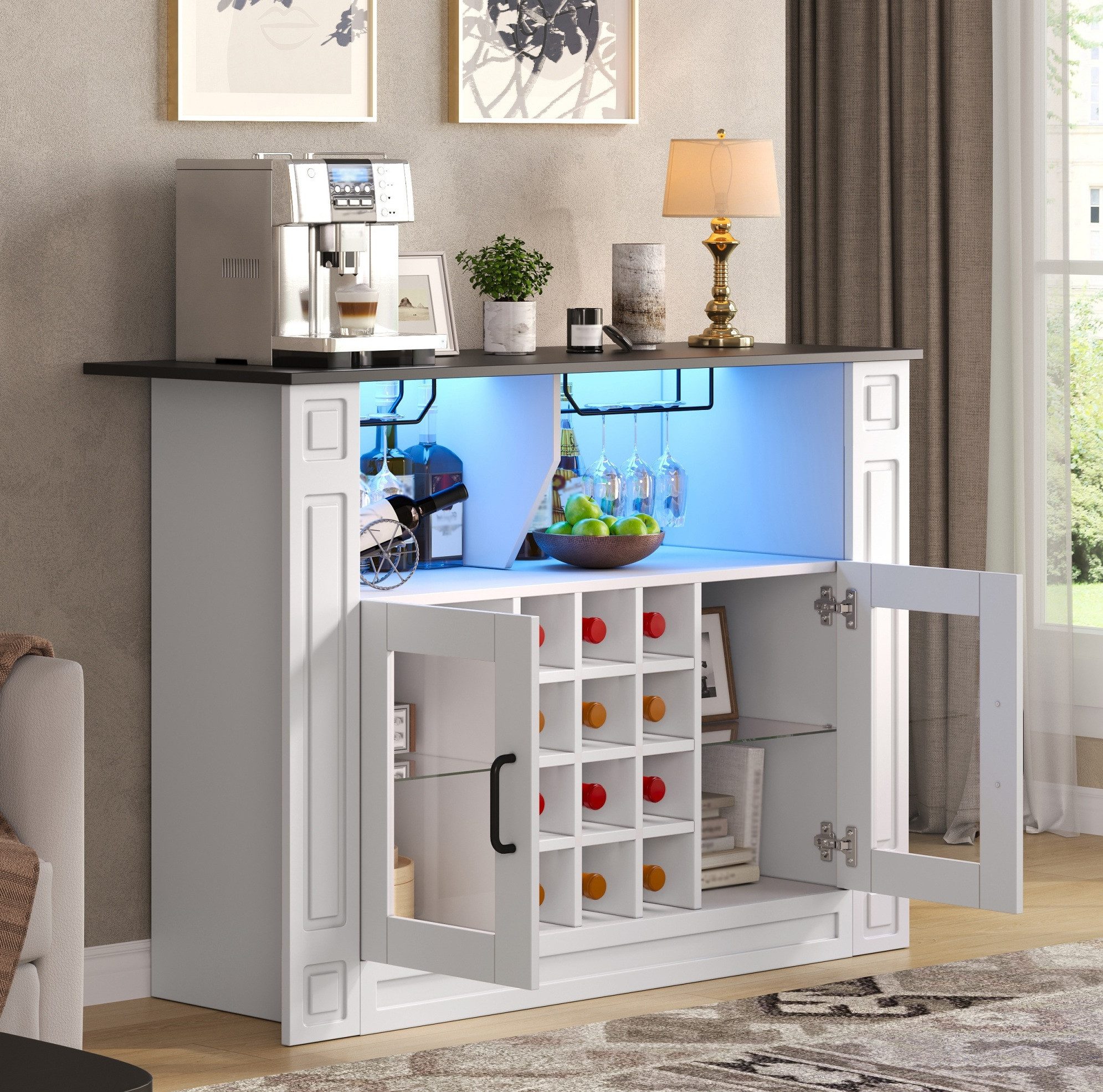 MODFU Weinschrank Küchenbar Schrank mit LED Licht und Weinablagen 120×35×84 cm (Packung, 1-St., Wohnzimmerschrank für Flaschen Zubehör und Essbereich) Moderner Getränkeschrank mit Glashalter und Stauraum