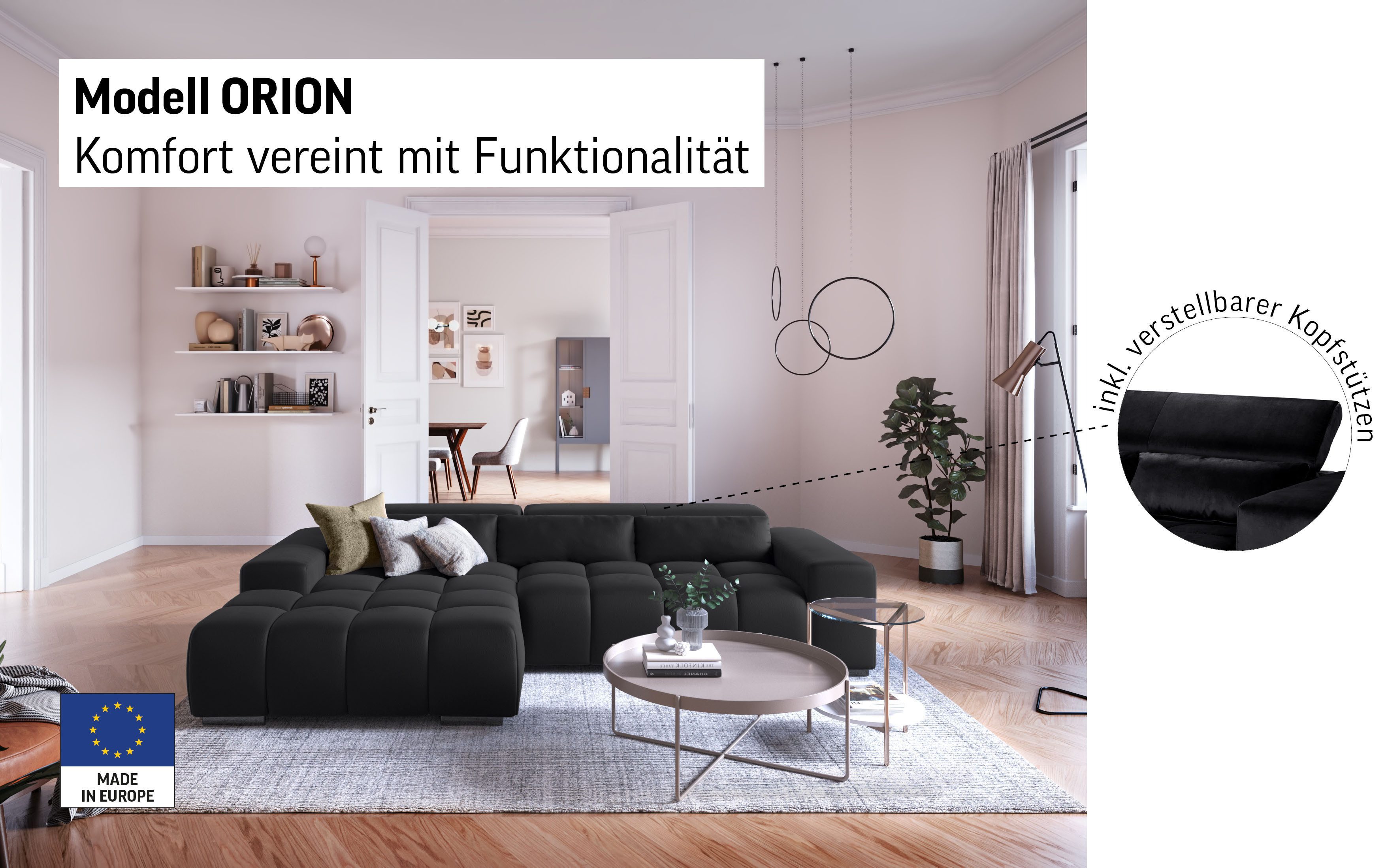 COTTA Ecksofa Orion L-Form, mit 2x Kopfteilverstellung & 3 Nierenkissen