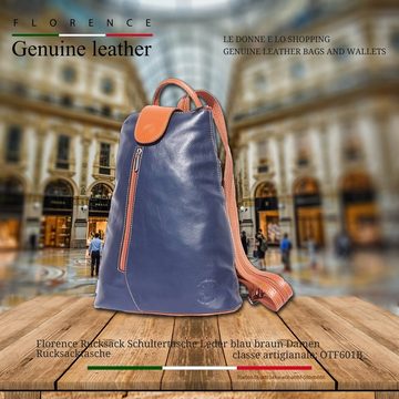 FLORENCE Handtasche OTF601X Florence Damen Schultertasche Rucksack (Cityrucksack), Damen Leder Cityrucksack, Schultertasche, blau, braun ca. 27cm