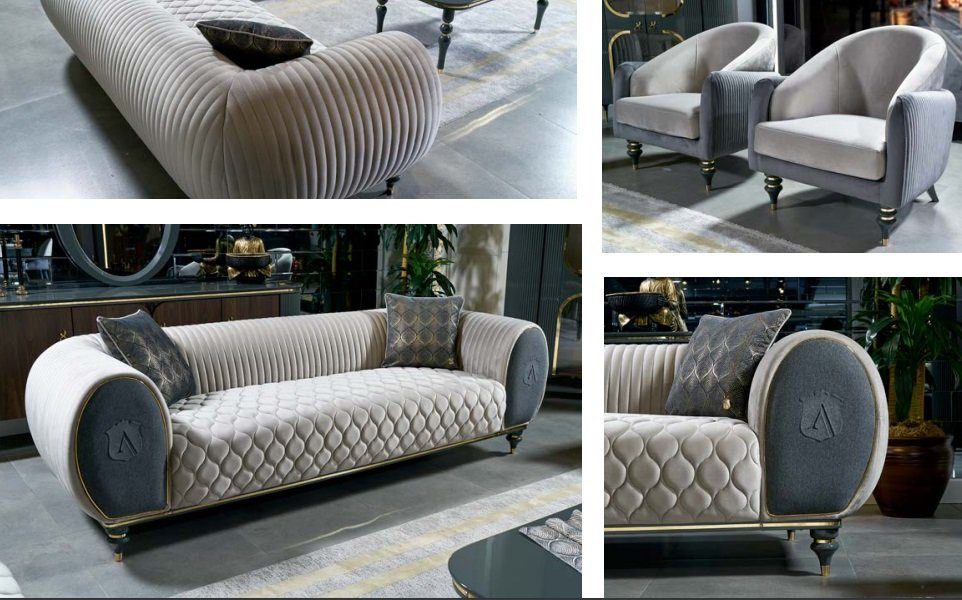 Polster Sofa Designer Europe Sofagarnitur Made Möbel, Couchen Relax JVmoebel in Grau-weiße Stoff